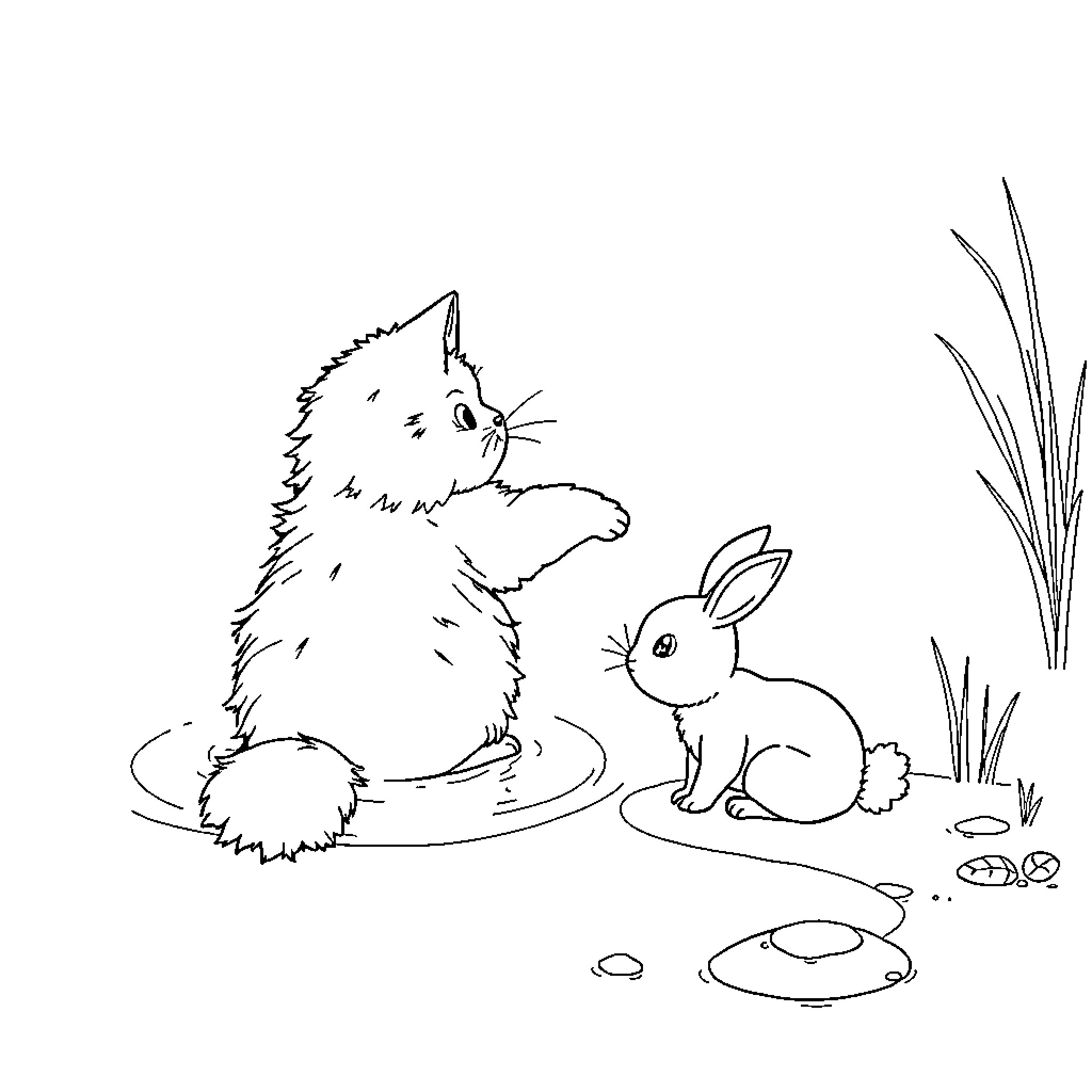 Cat and Rabbit Enjoying Nature Coloring Page (free black-and-white line drawing printable PDF for all, from beginners to advanced learners, including children, teens, adults, and seniors)
