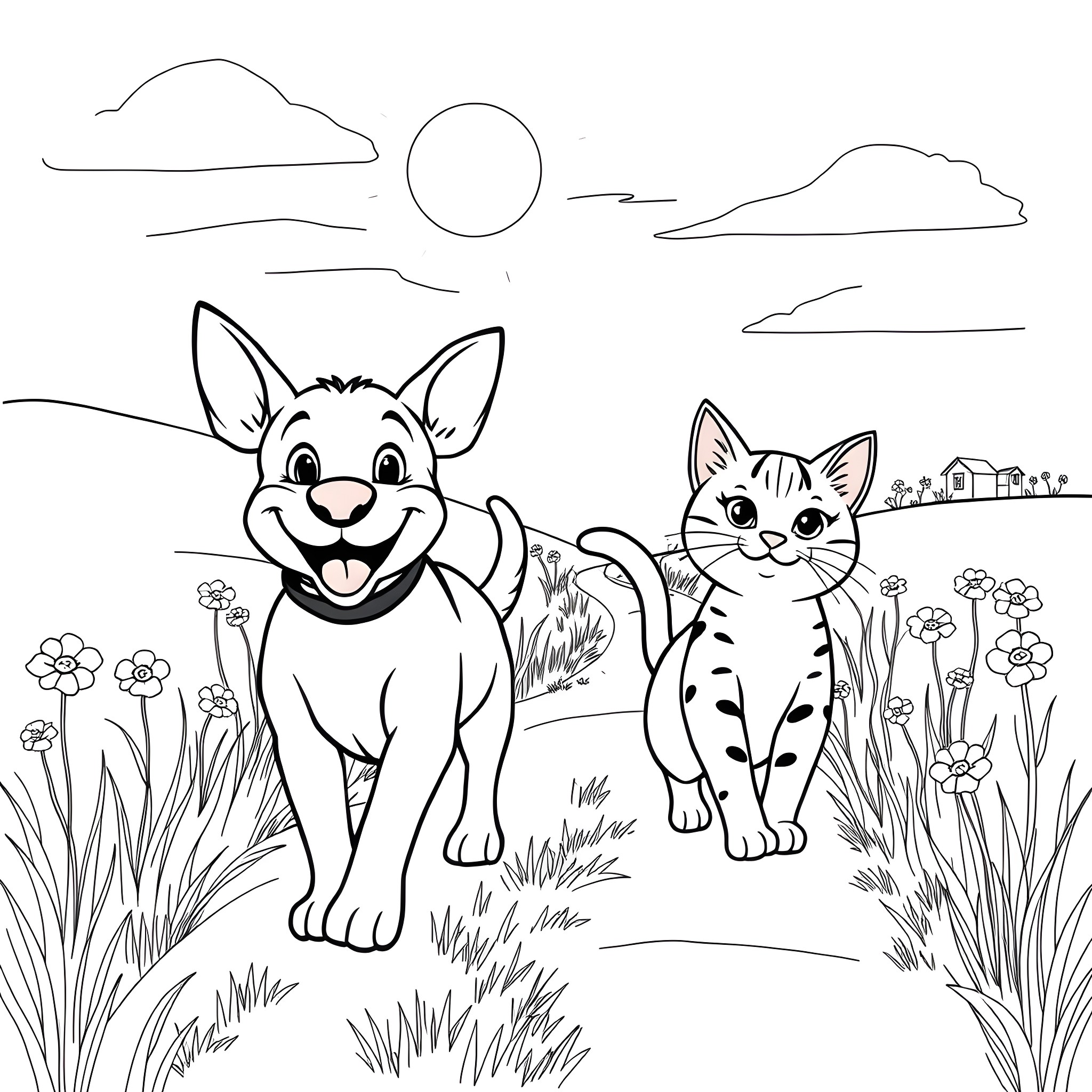 Dog and Cat Playing in the Countryside Coloring Page (free black-and-white line drawing printable PDF for all, from beginners to advanced learners, including children, teens, adults, and seniors)