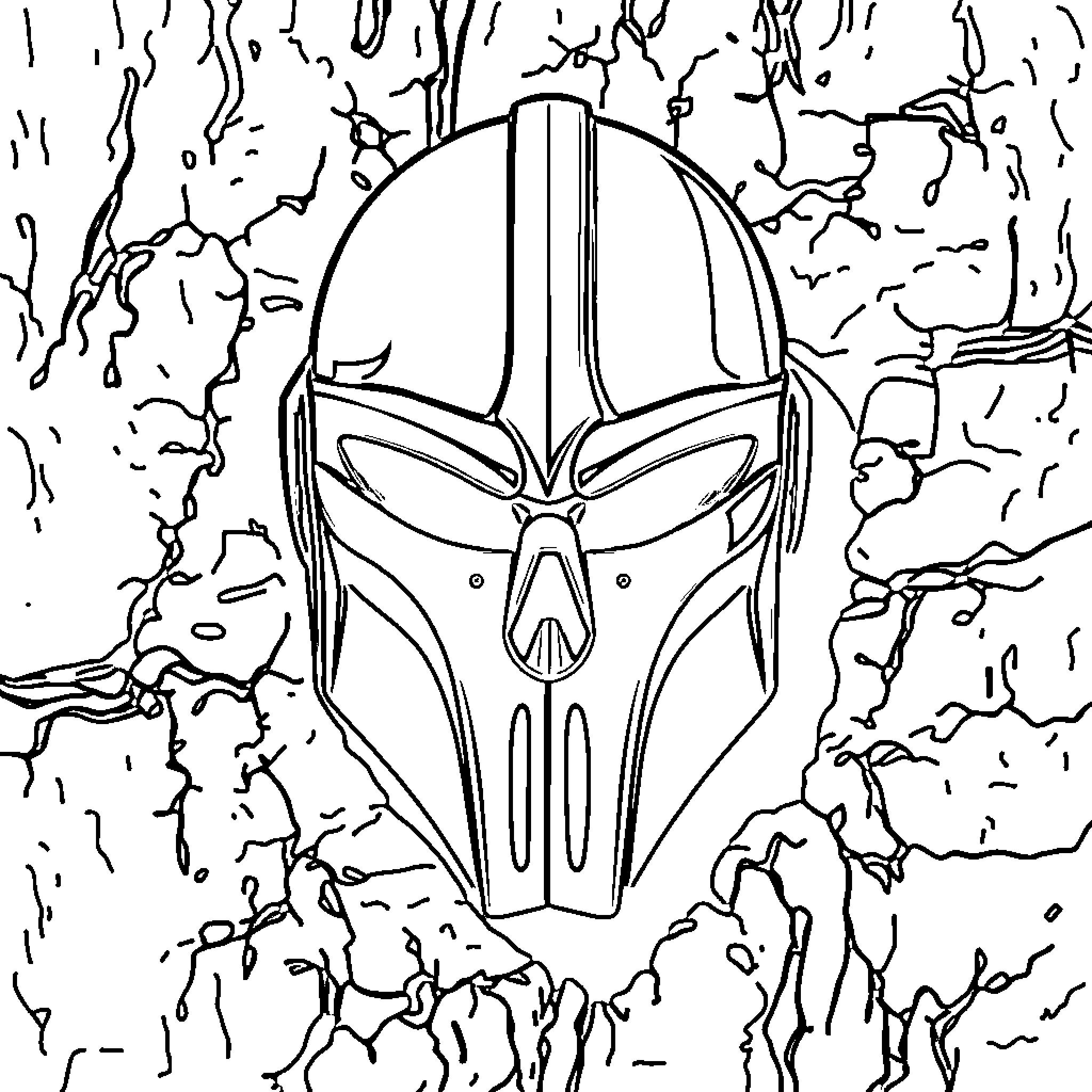 Mandalorian Skull amidst Chaos and Destruction Coloring Page (free black-and-white line drawing printable PDF for all, from beginners to advanced learners, including children, teens, adults, and seniors)
