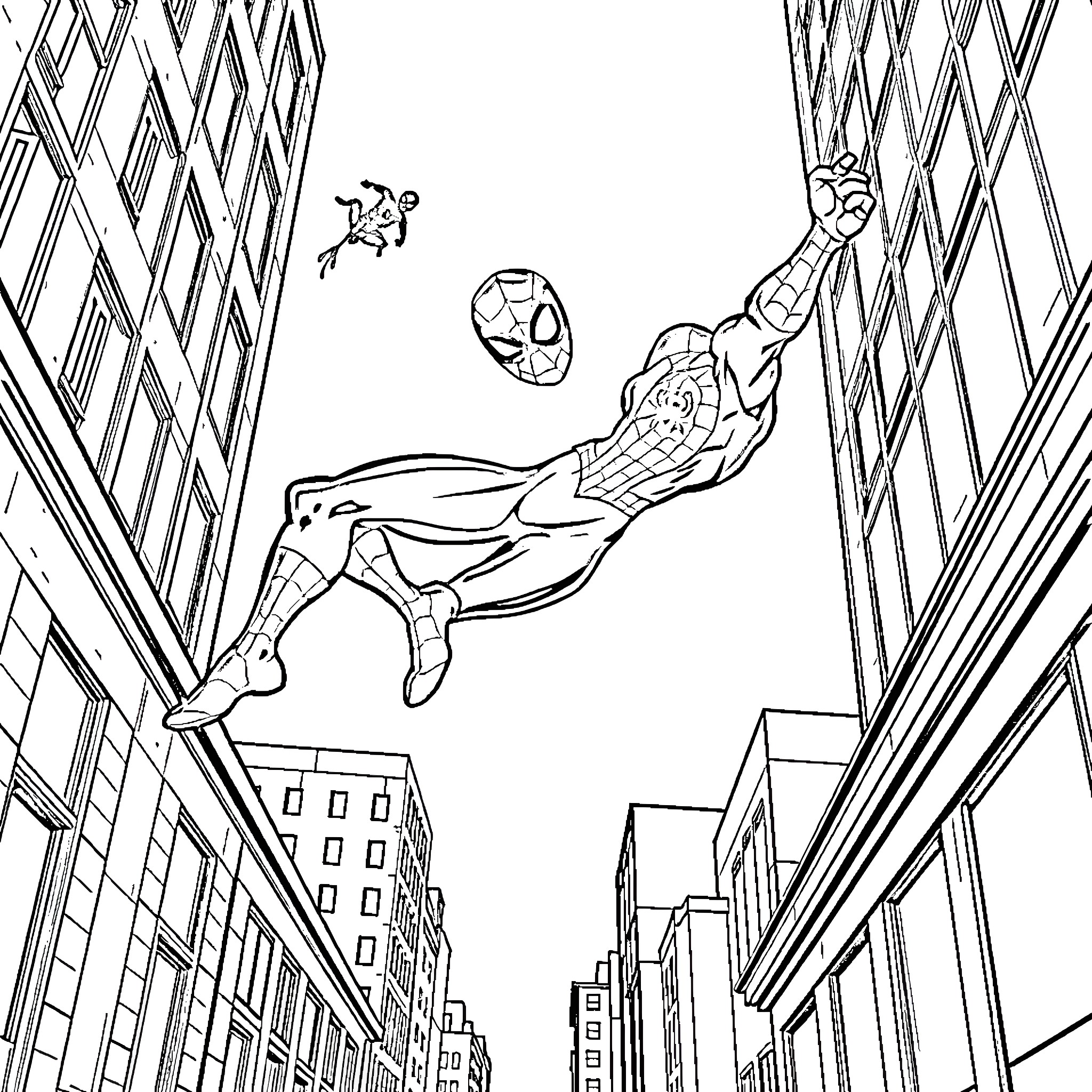 Spider-Man swinging through the city skyline Coloring Page (free black-and-white line drawing printable PDF for all, from beginners to advanced learners, including children, teens, adults, and seniors)