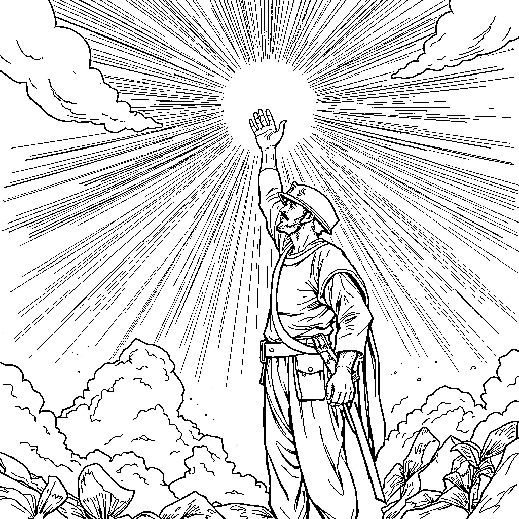 Soldier gazing at the bright sky with outstretched hand Coloring Page (free black-and-white line drawing printable PDF for all, from beginners to advanced learners, including children, teens, adults, and seniors)