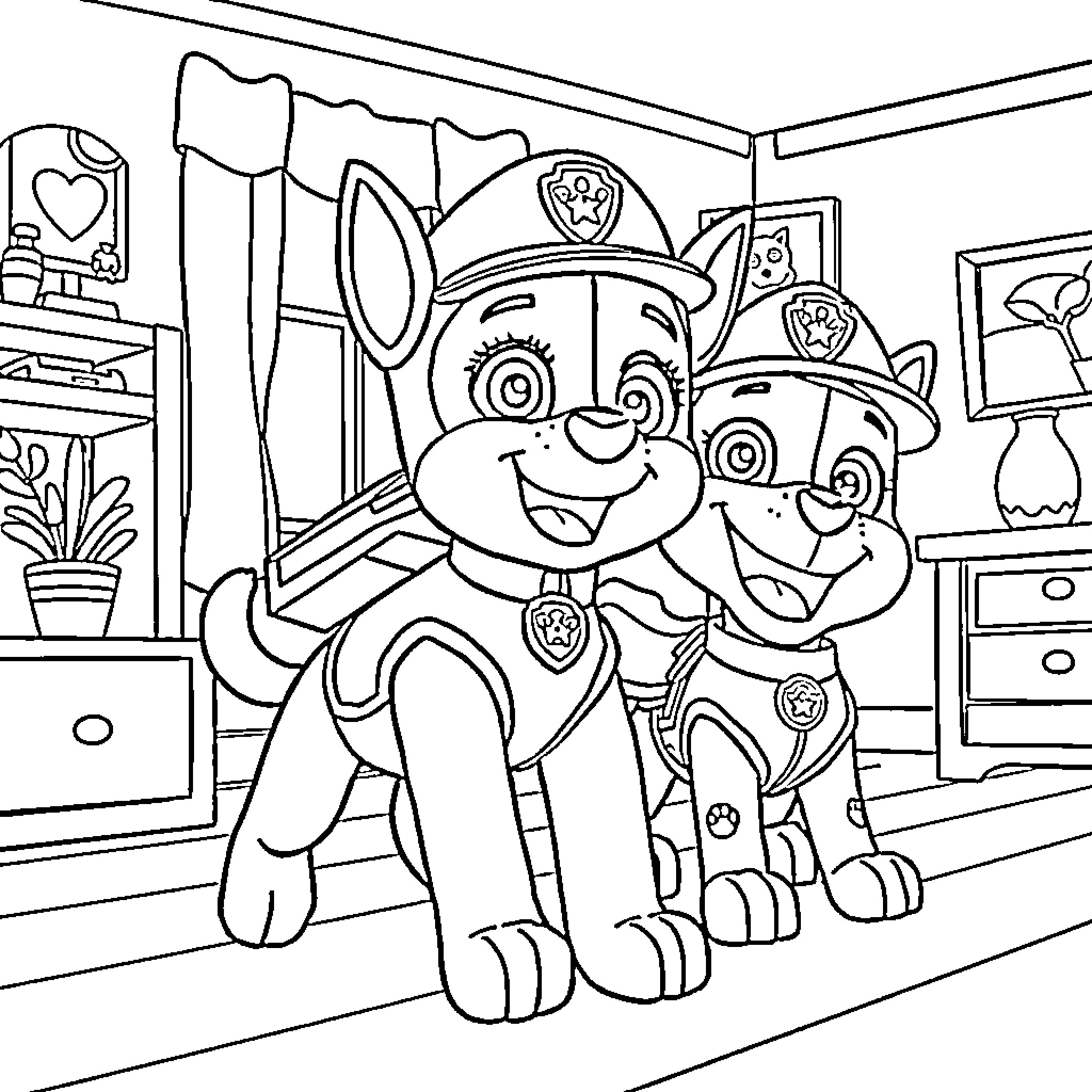 Teenieping Paw Patrol Puppies in the Bedroom Coloring Page (free black-and-white line drawing printable PDF for all, from beginners to advanced learners, including children, teens, adults, and seniors)