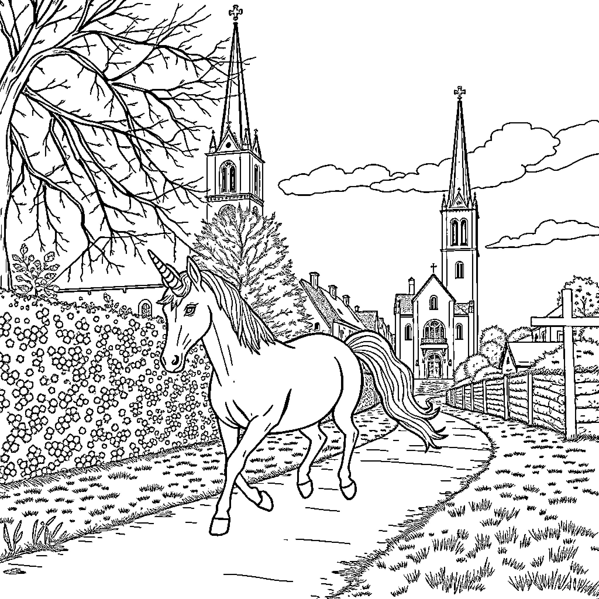 Unicorn galloping through enchanting village landscape Coloring Page (free black-and-white line drawing printable PDF for all, from beginners to advanced learners, including children, teens, adults, and seniors)