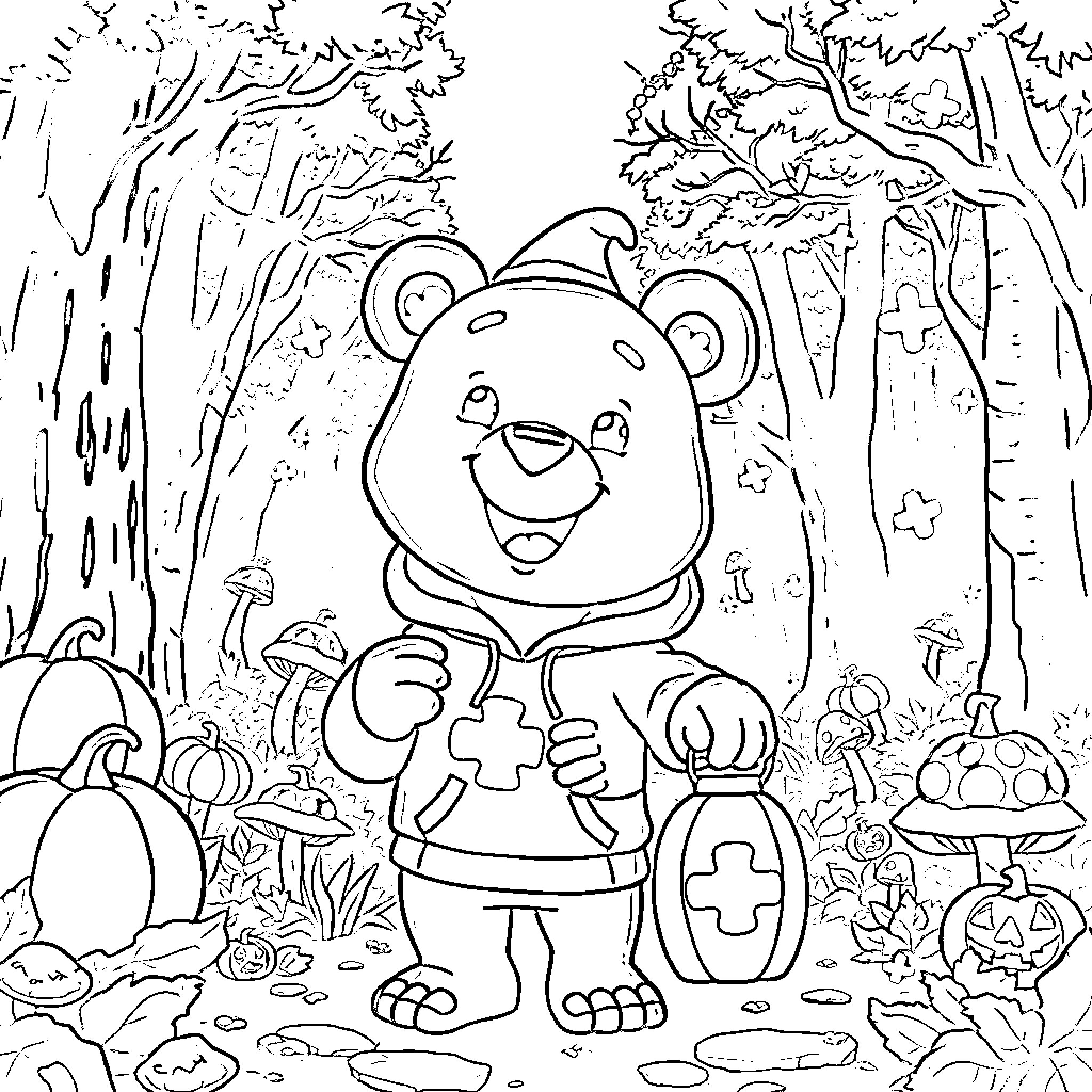 Bear exploring the enchanted forest Coloring Page (free black-and-white line drawing printable PDF for all, from beginners to advanced learners, including children, teens, adults, and seniors)
