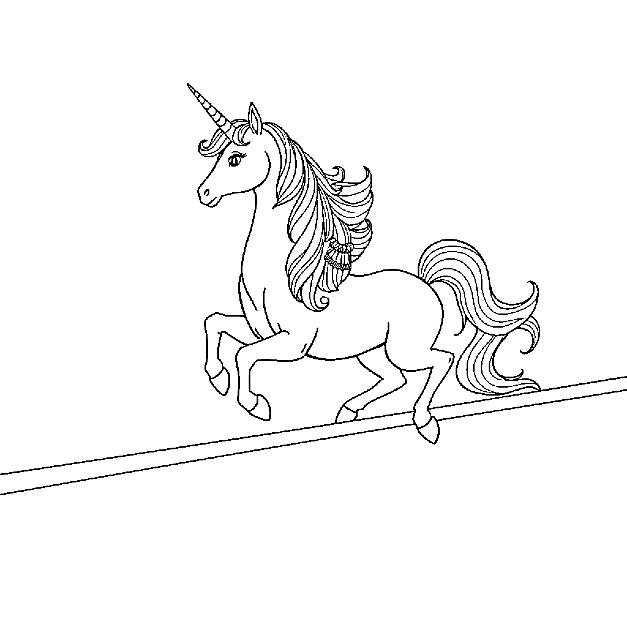 Unicorn prancing gracefully on tightrope Coloring Page (free black-and-white line drawing printable PDF for all, from beginners to advanced learners, including children, teens, adults, and seniors)