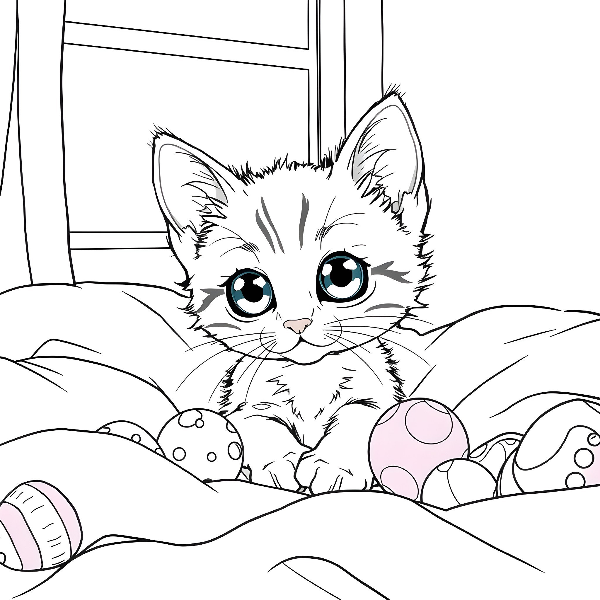 Kitty playing with colorful balls Coloring Page (free black-and-white line drawing printable PDF for all, from beginners to advanced learners, including children, teens, adults, and seniors)