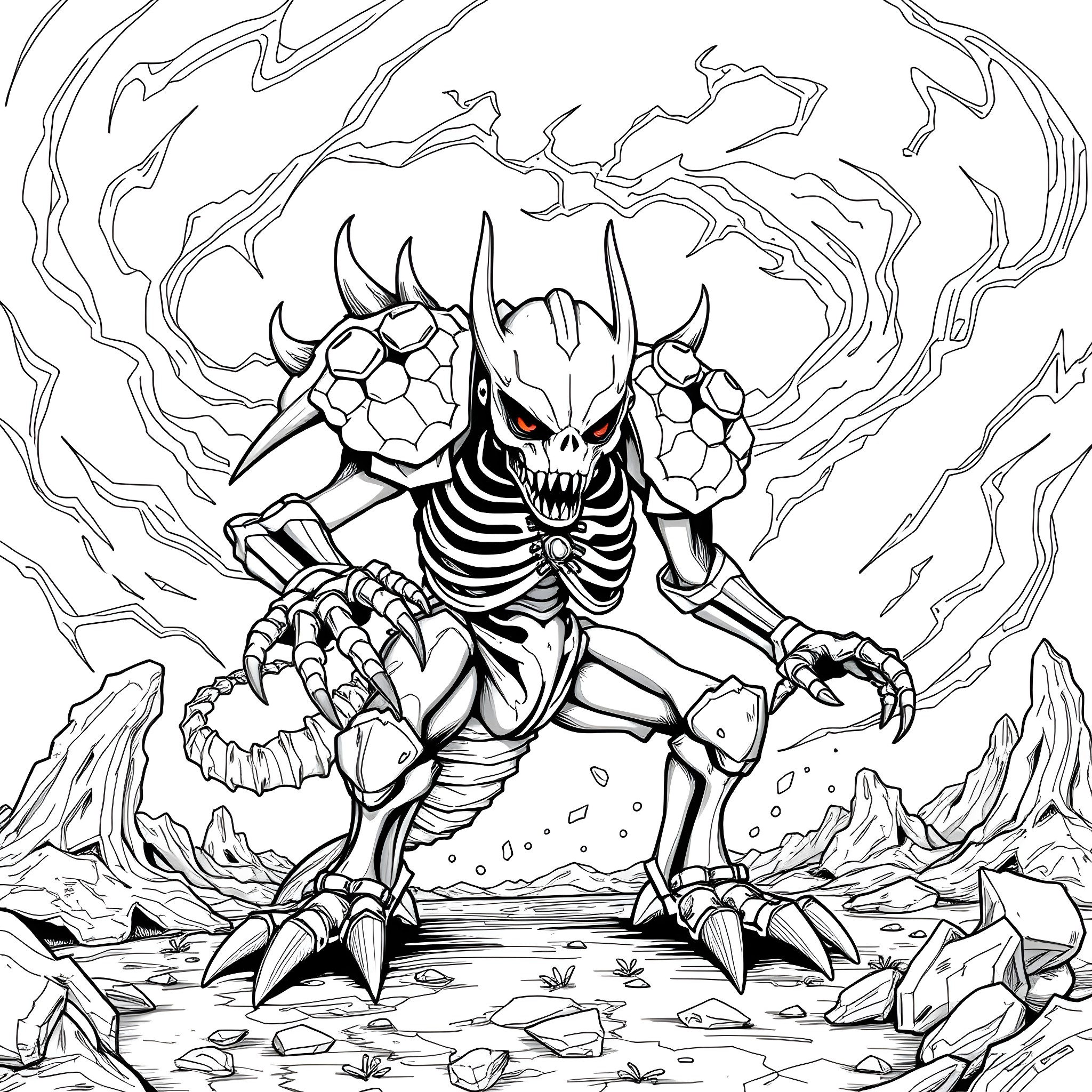 Skullgreymon emerging from a chaotic and destructive scene Coloring Page (free black-and-white line drawing printable PDF for all, from beginners to advanced learners, including children, teens, adults, and seniors)