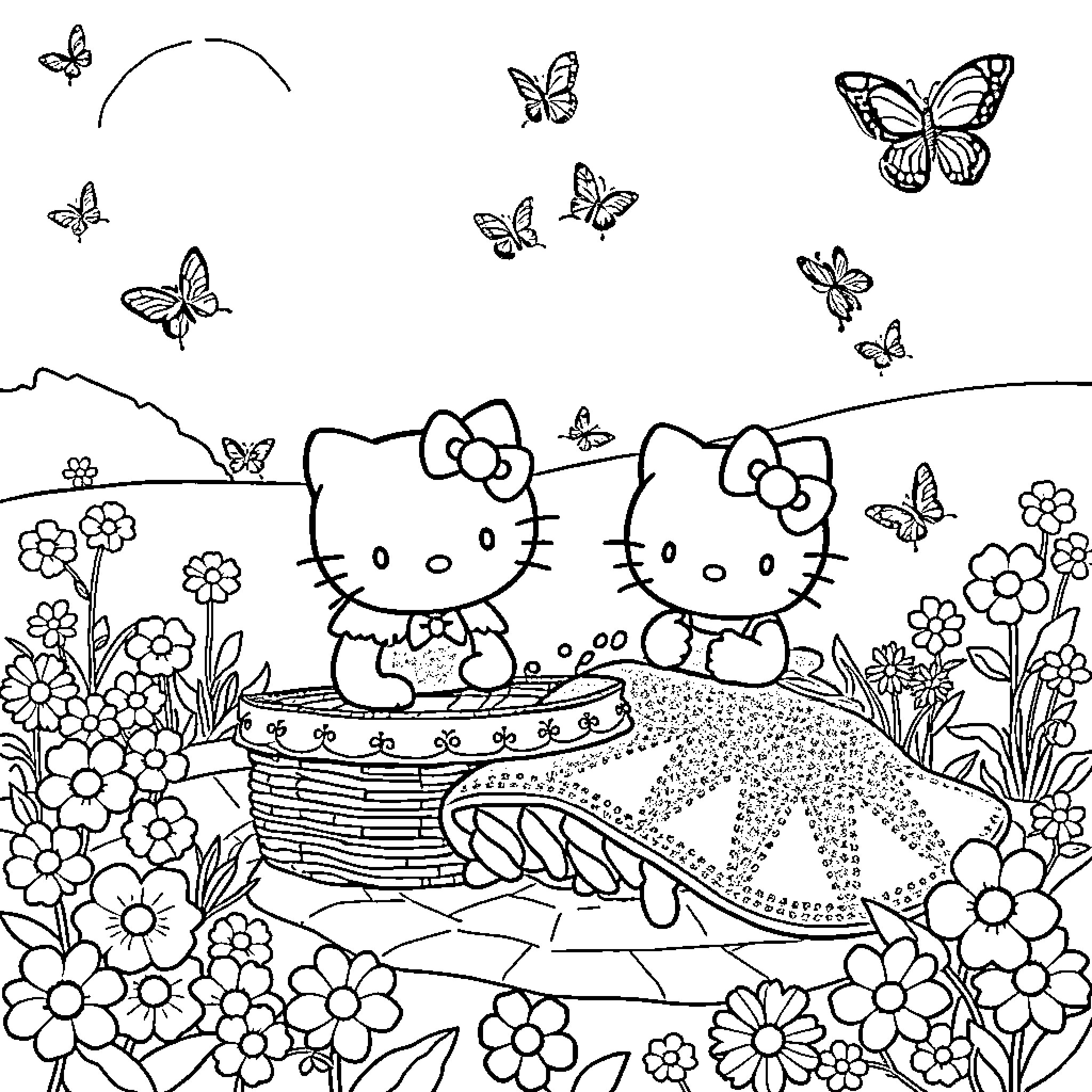 Glinda's Whimsical Garden Adventure with Hello Kitty Coloring Page (free black-and-white line drawing printable PDF for all, from beginners to advanced learners, including children, teens, adults, and seniors)