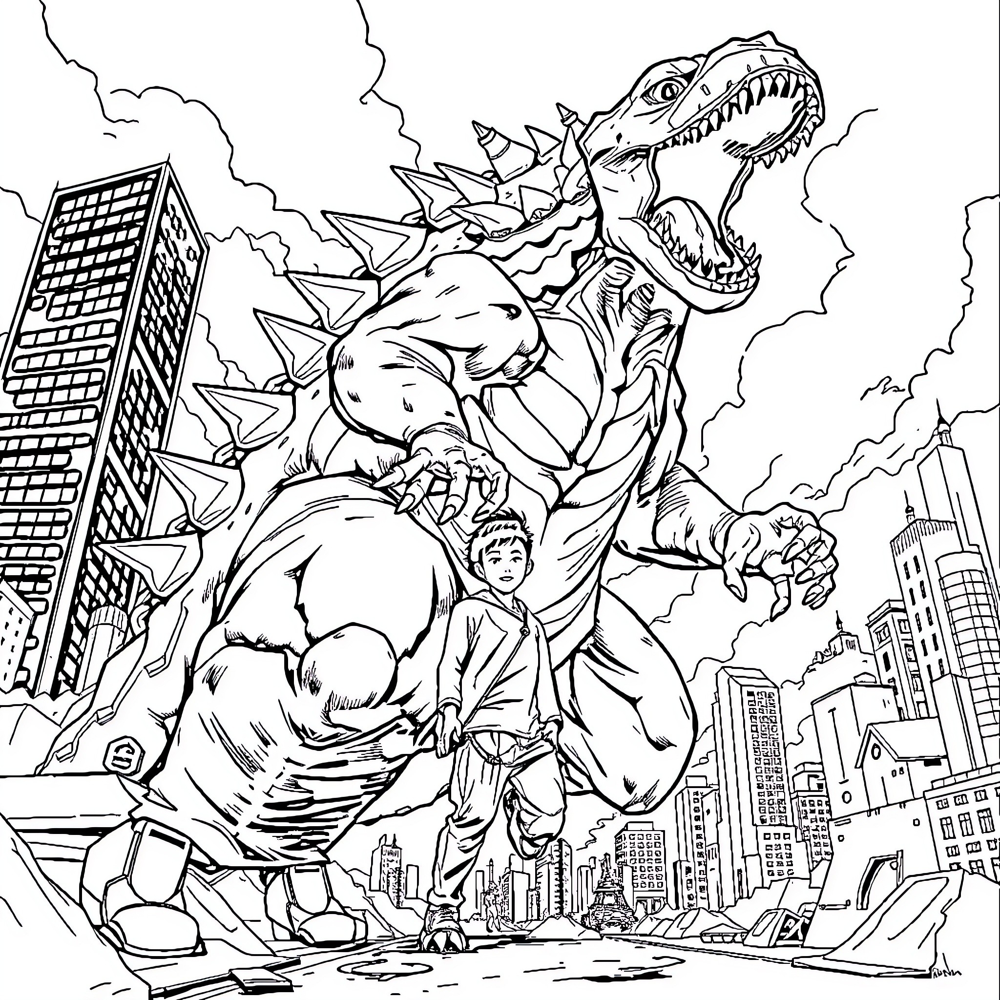 Kaiju Unleashed: Monstrous Chaos in the City Coloring Page (free black-and-white line drawing printable PDF for all, from beginners to advanced learners, including children, teens, adults, and seniors)