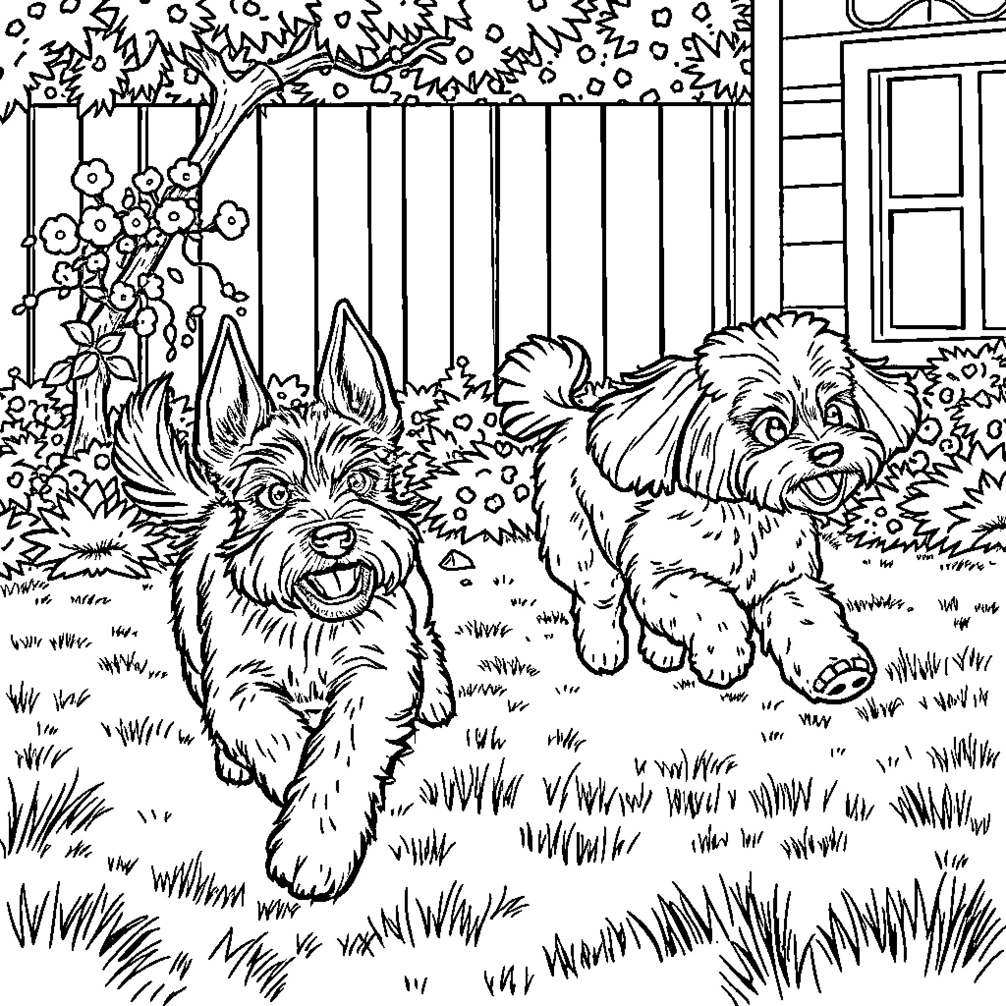Schnauzer dogs playing in the yard Coloring Page (free black-and-white line drawing printable PDF for all, from beginners to advanced learners, including children, teens, adults, and seniors)