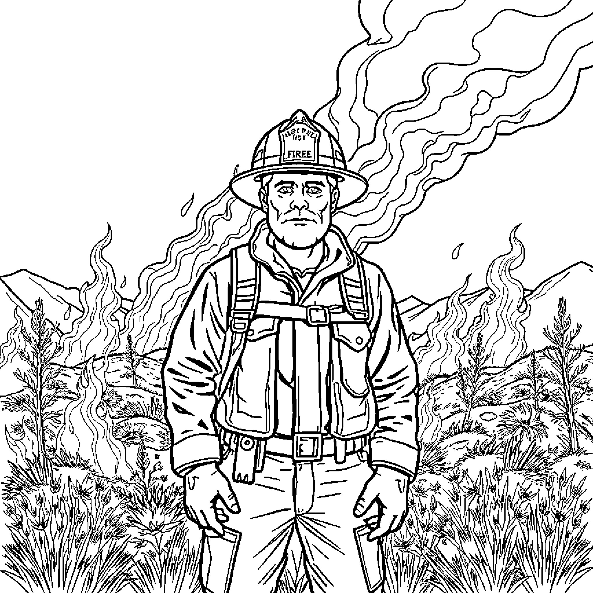 Wildland Fire Fighter braving the flames in the wilderness Coloring Page (free black-and-white line drawing printable PDF for all, from beginners to advanced learners, including children, teens, adults, and seniors)