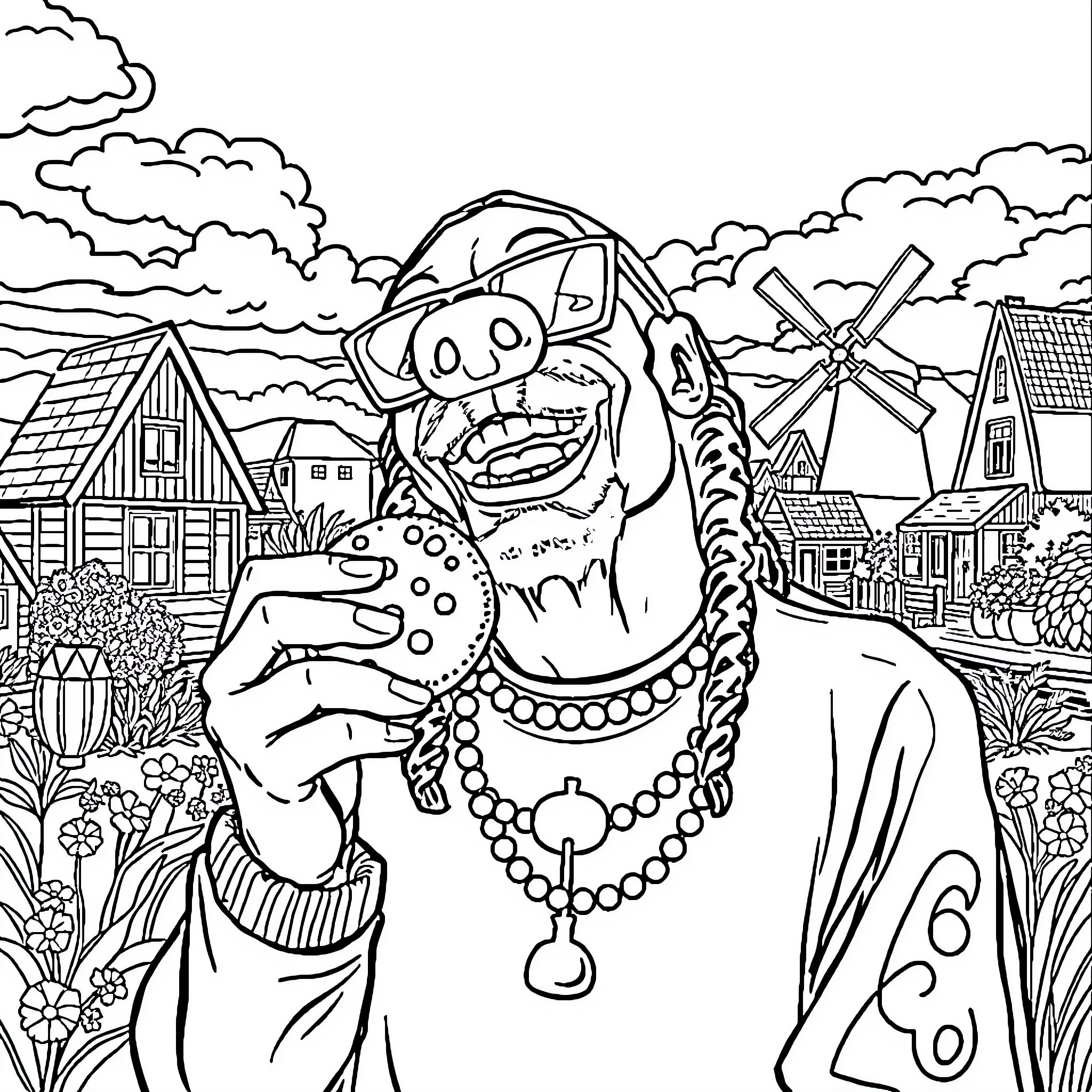Snoop Dogg in a whimsical rural countryside scene Coloring Page (free black-and-white line drawing printable PDF for all, from beginners to advanced learners, including children, teens, adults, and seniors)
