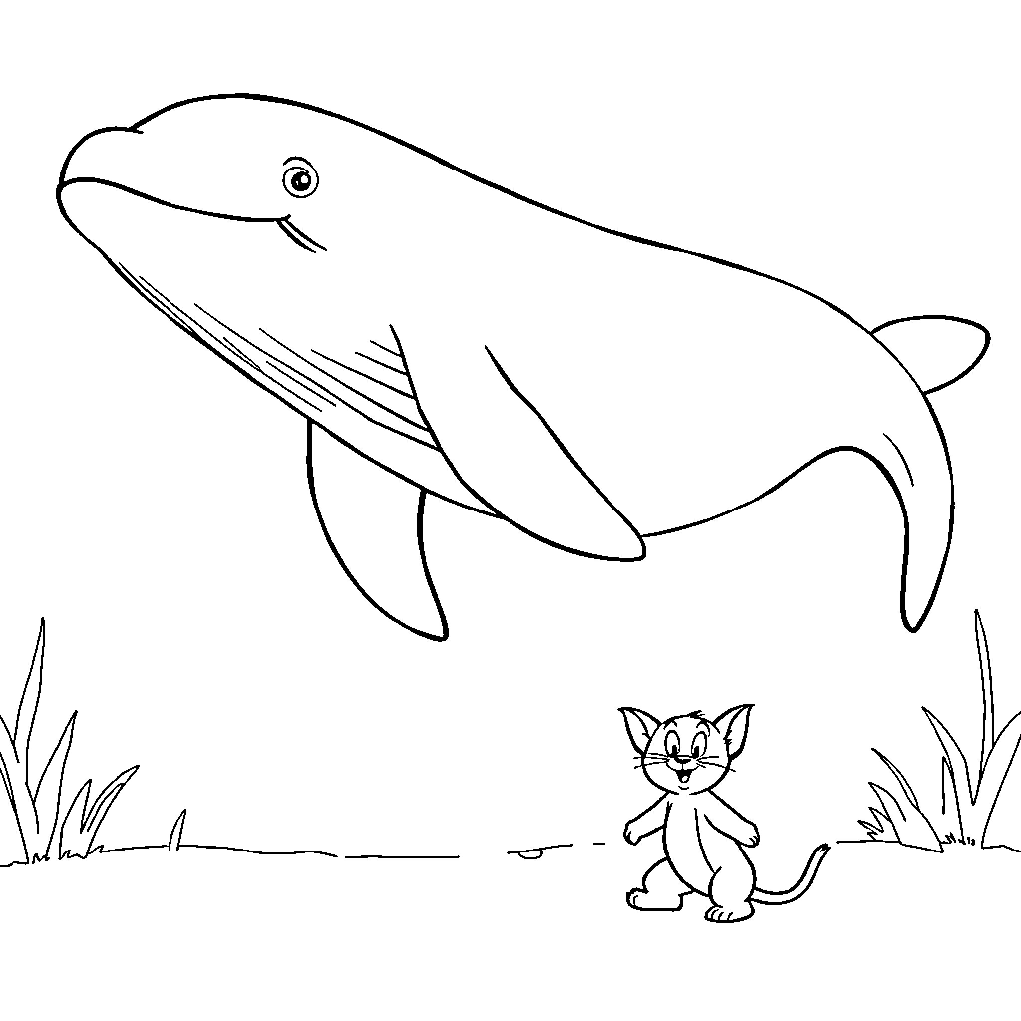 Whale swimming alongside friendly feline Coloring Page (free black-and-white line drawing printable PDF for all, from beginners to advanced learners, including children, teens, adults, and seniors)