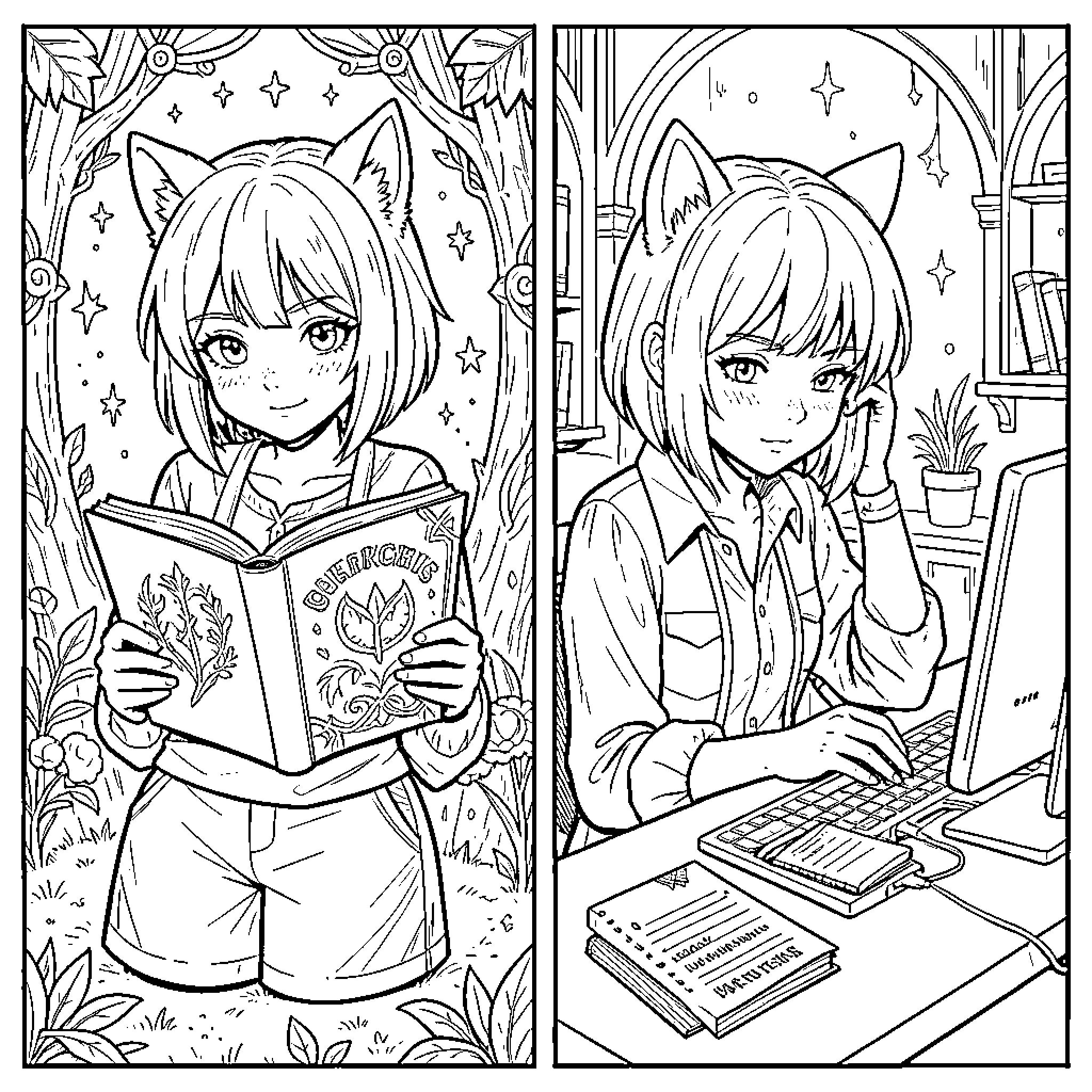 Chica reading a book and working at a desk Coloring Page (free black-and-white line drawing printable PDF for all, from beginners to advanced learners, including children, teens, adults, and seniors)