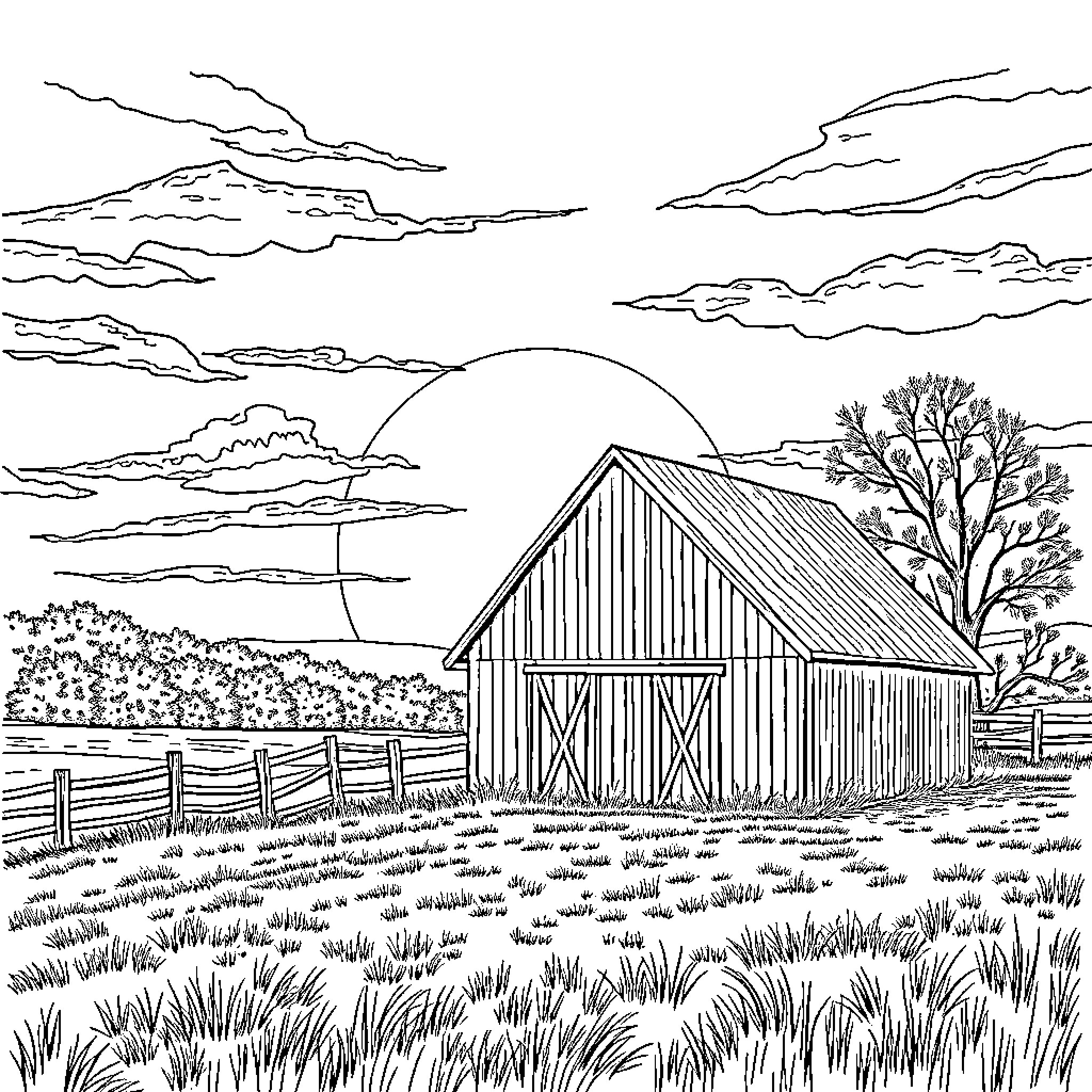 Sunset over rural landscape with barn and tree Coloring Page (free black-and-white line drawing printable PDF for all, from beginners to advanced learners, including children, teens, adults, and seniors)