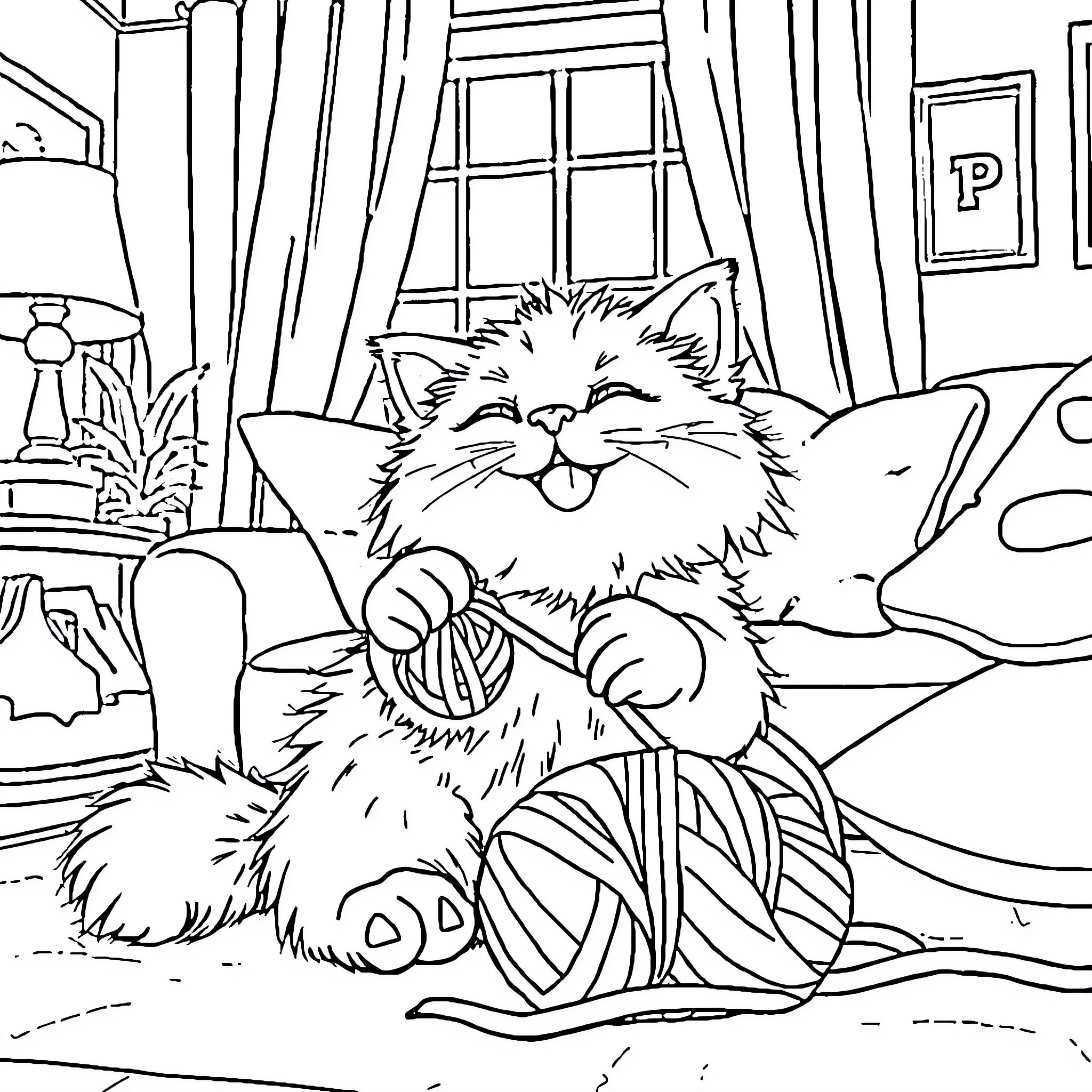 Cat playing with yarn in cozy home Coloring Page (free black-and-white line drawing printable PDF for all, from beginners to advanced learners, including children, teens, adults, and seniors)