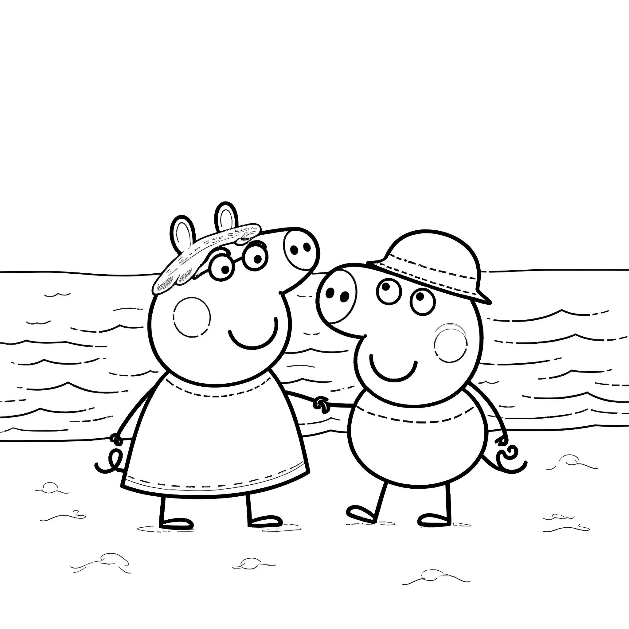 Peppa Pig and friends enjoying the beach Coloring Page (free black-and-white line drawing printable PDF for all, from beginners to advanced learners, including children, teens, adults, and seniors)