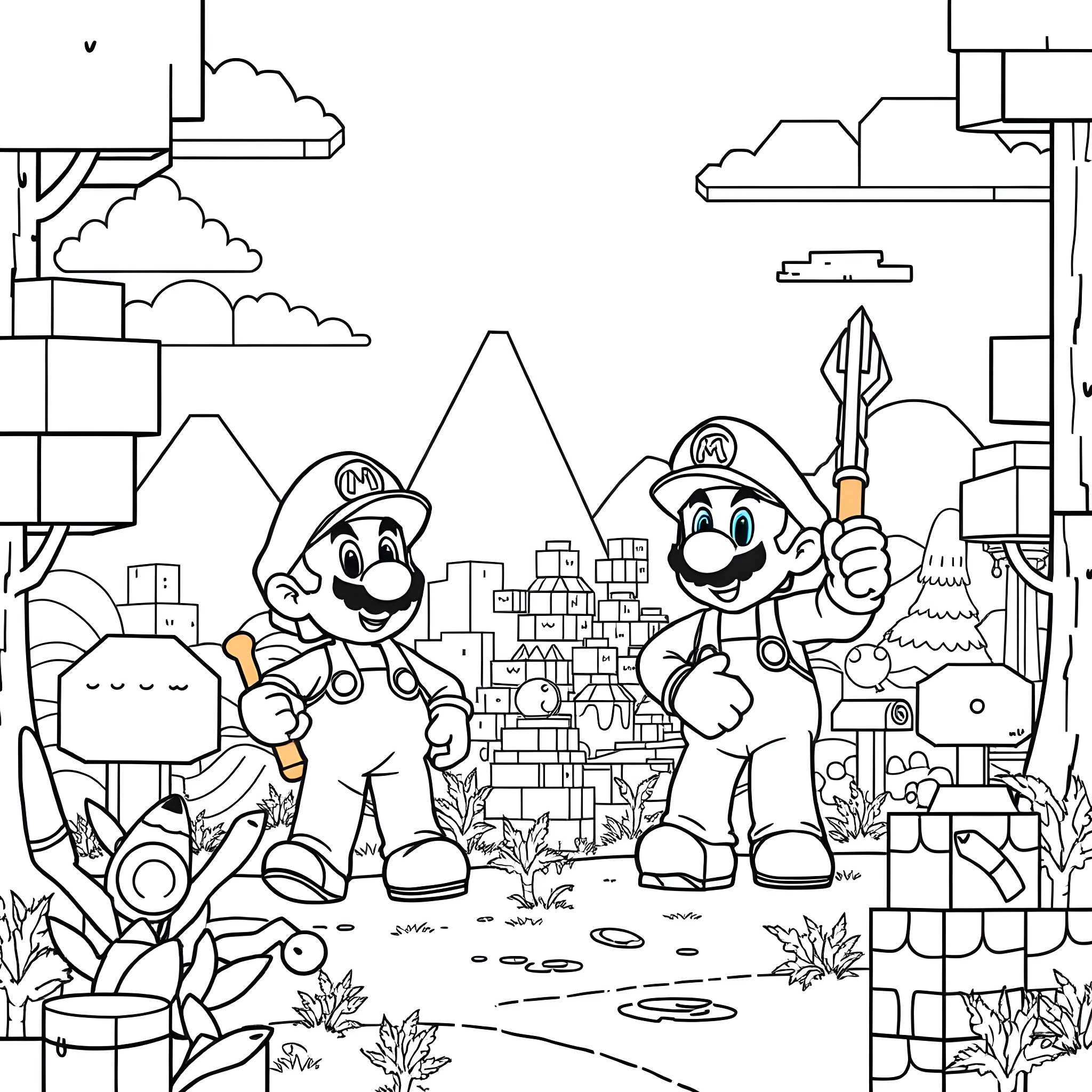 Mario and Luigi's Construction Site Adventure Coloring Page (free black-and-white line drawing printable PDF for all, from beginners to advanced learners, including children, teens, adults, and seniors)