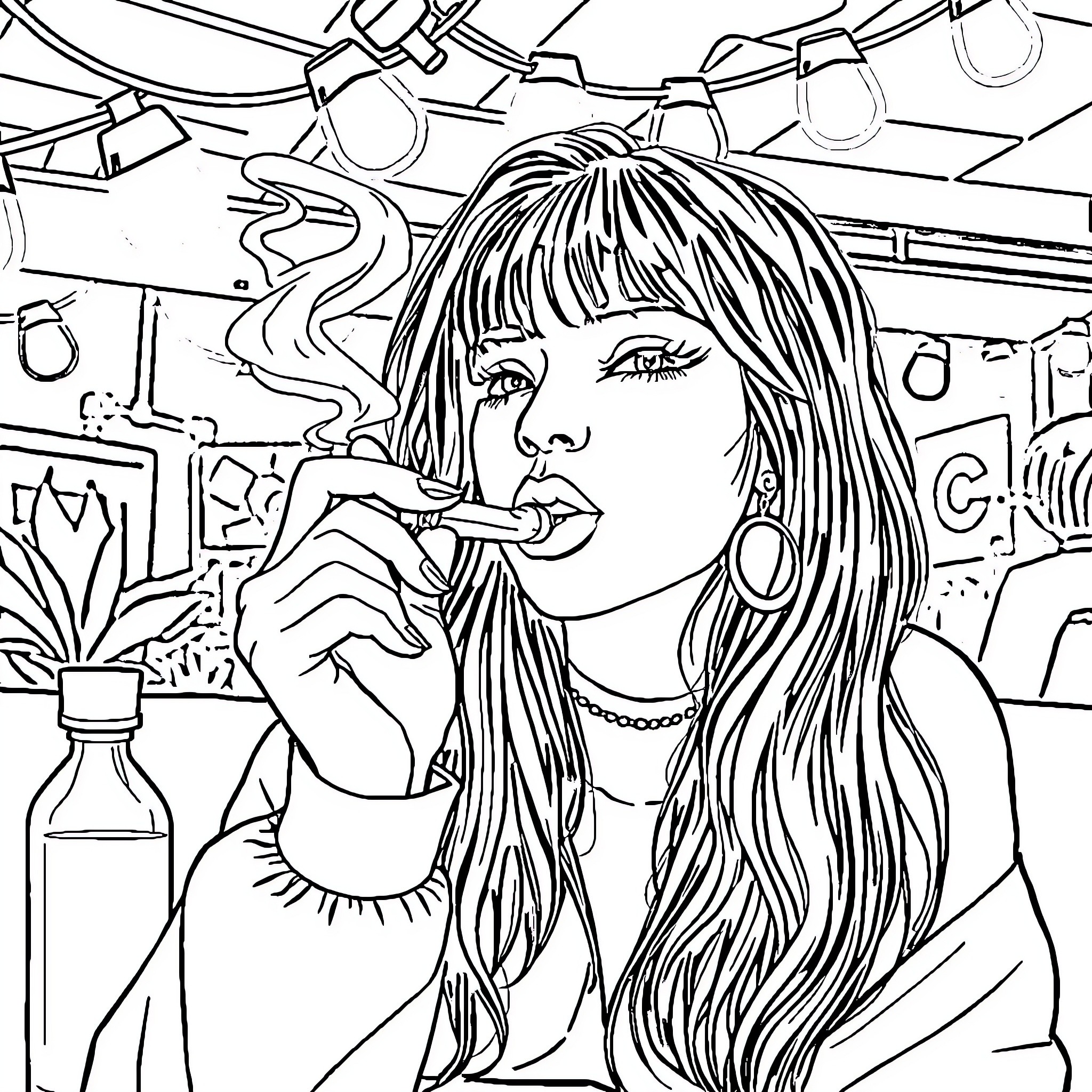Charli XCX in a stylized street scene Coloring Page (free black-and-white line drawing printable PDF for all, from beginners to advanced learners, including children, teens, adults, and seniors)