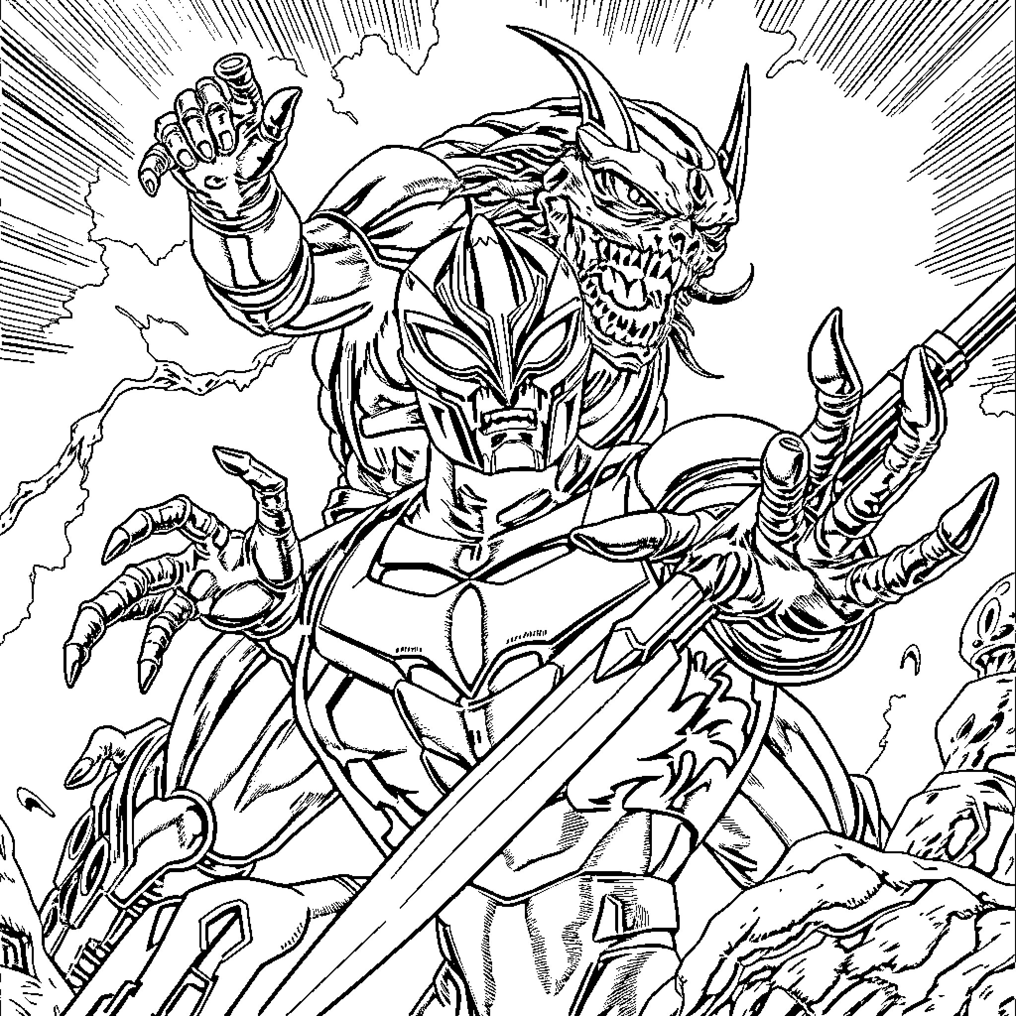 Guyver's Powerful and Menacing Transformation Coloring Page (free black-and-white line drawing printable PDF for all, from beginners to advanced learners, including children, teens, adults, and seniors)