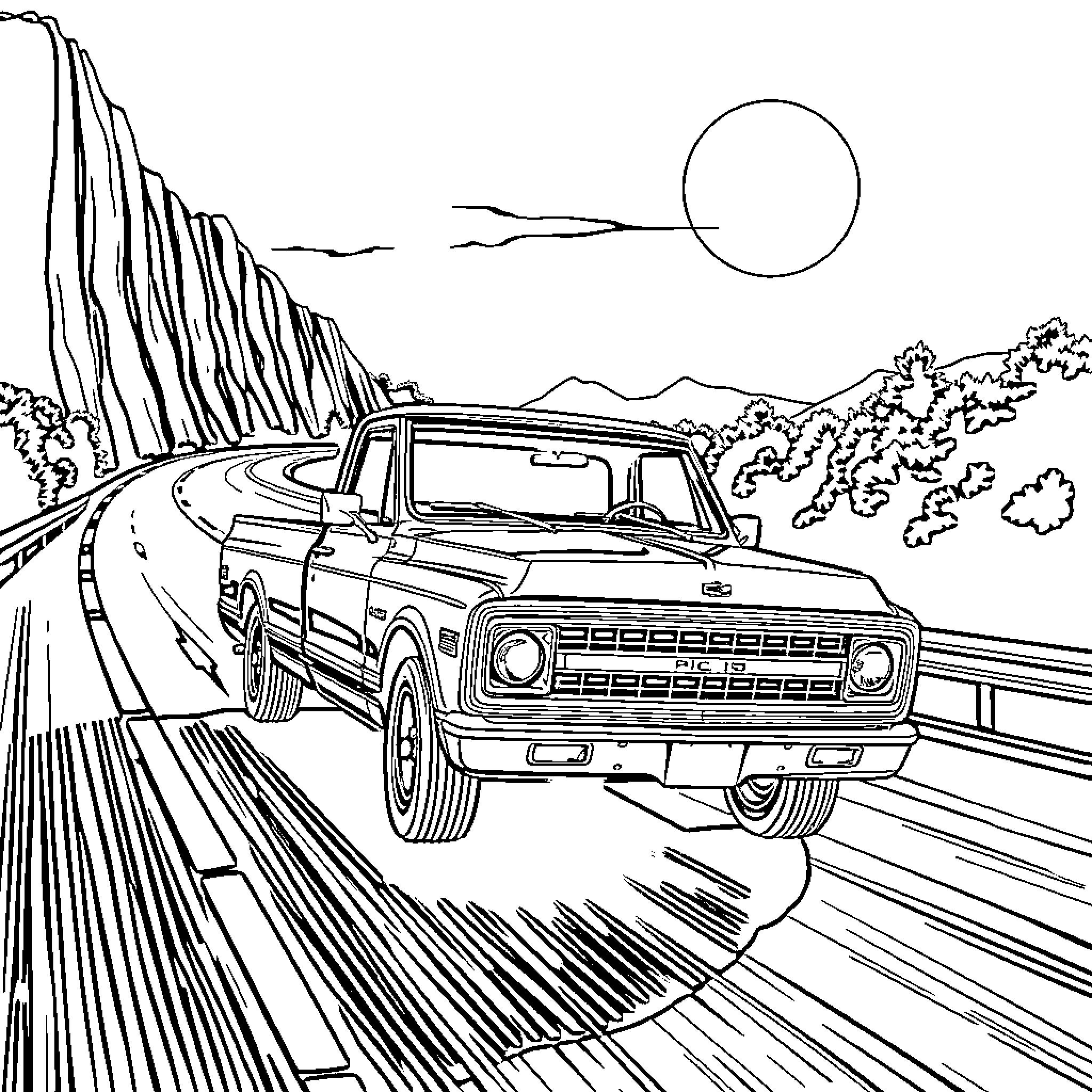 Truck driving along scenic mountain road Coloring Page (free black-and-white line drawing printable PDF for all, from beginners to advanced learners, including children, teens, adults, and seniors)