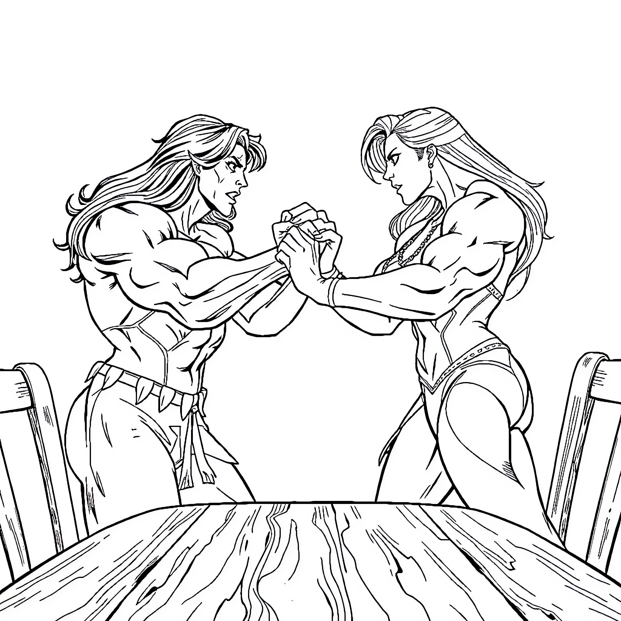 Nami's Fierce Arm Wrestling Match Coloring Page (free black-and-white line drawing printable PDF for all, from beginners to advanced learners, including children, teens, adults, and seniors)