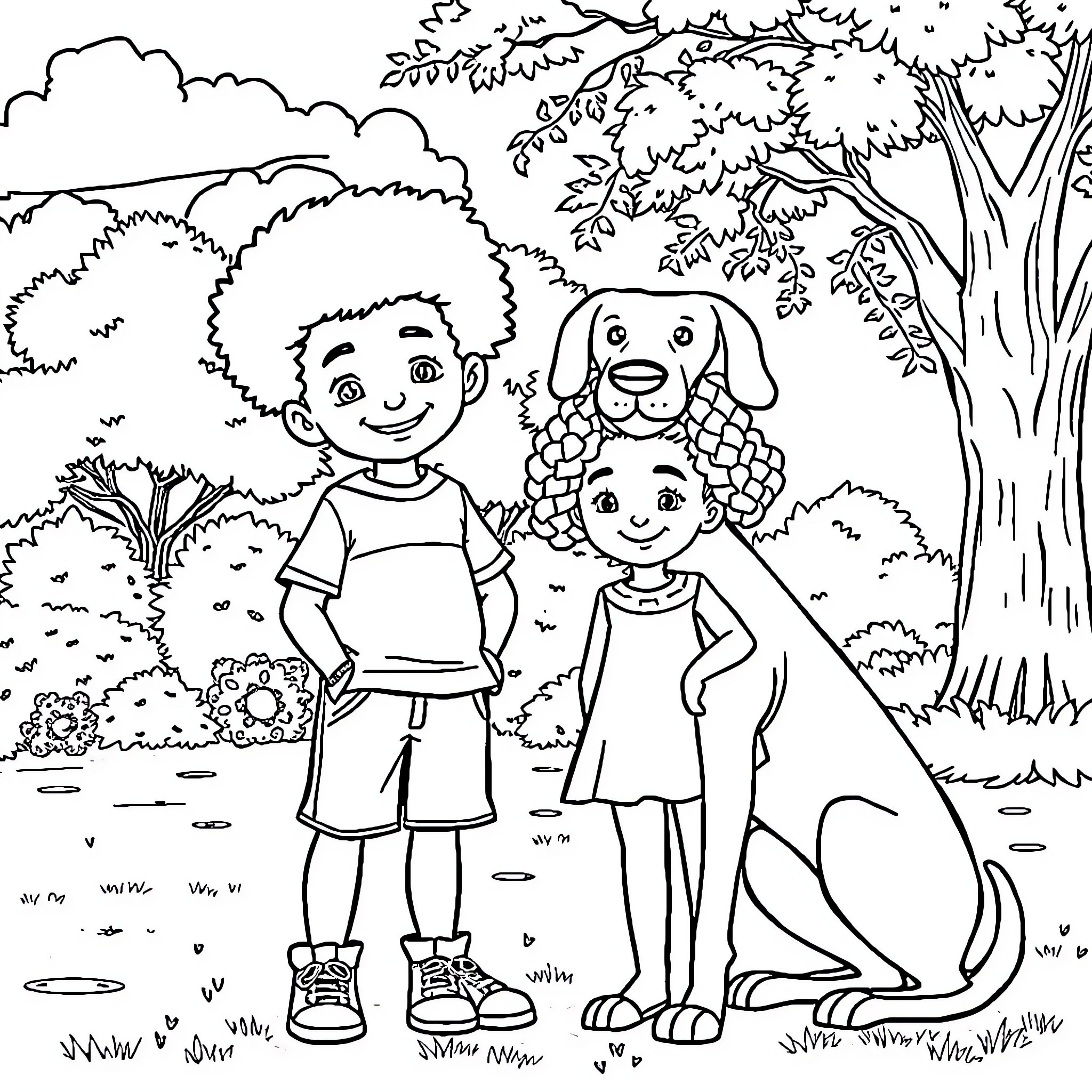 Child with friends in outdoor nature scene Coloring Page (free black-and-white line drawing printable PDF for all, from beginners to advanced learners, including children, teens, adults, and seniors)