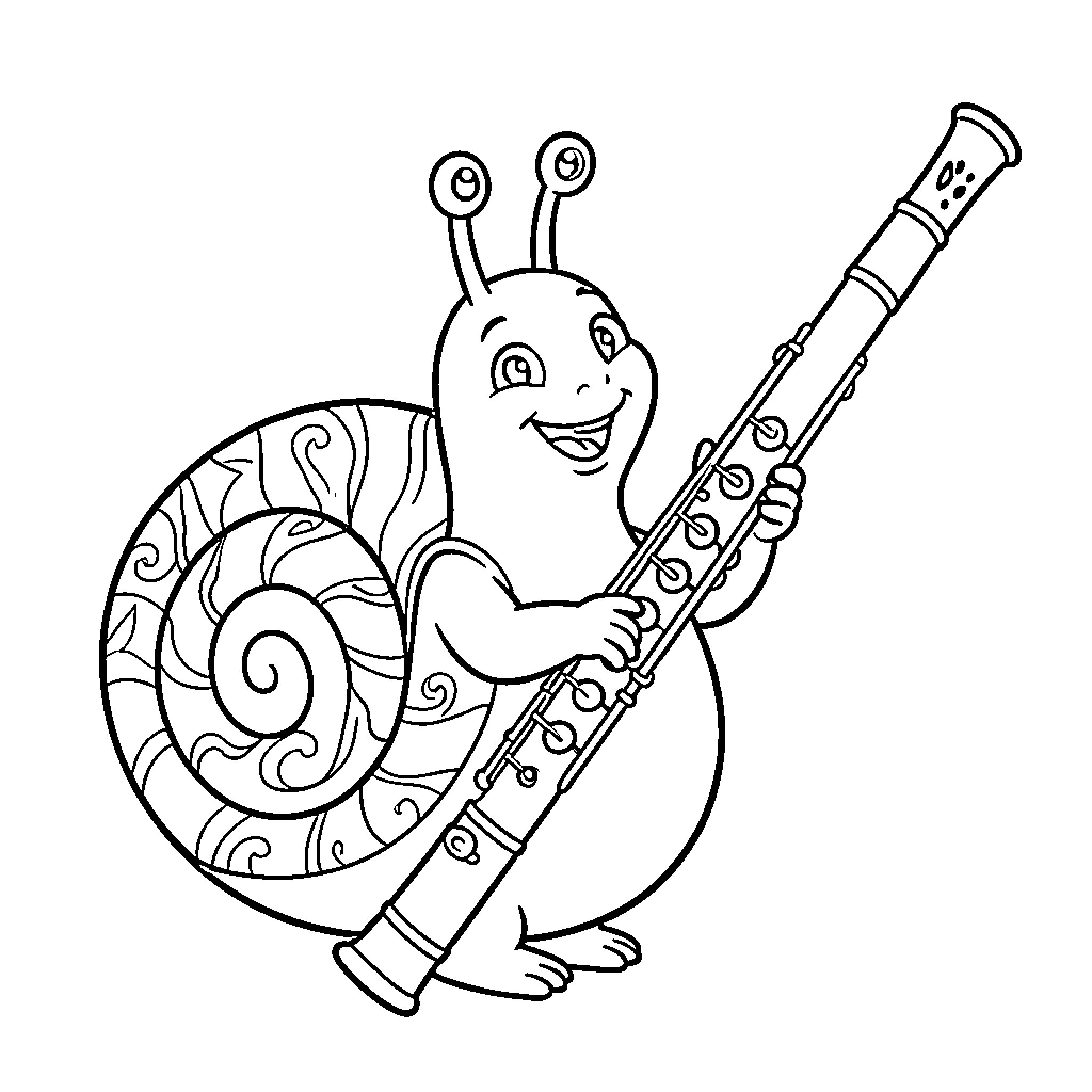 Snail playing musical instrument happily Coloring Page (free black-and-white line drawing printable PDF for all, from beginners to advanced learners, including children, teens, adults, and seniors)