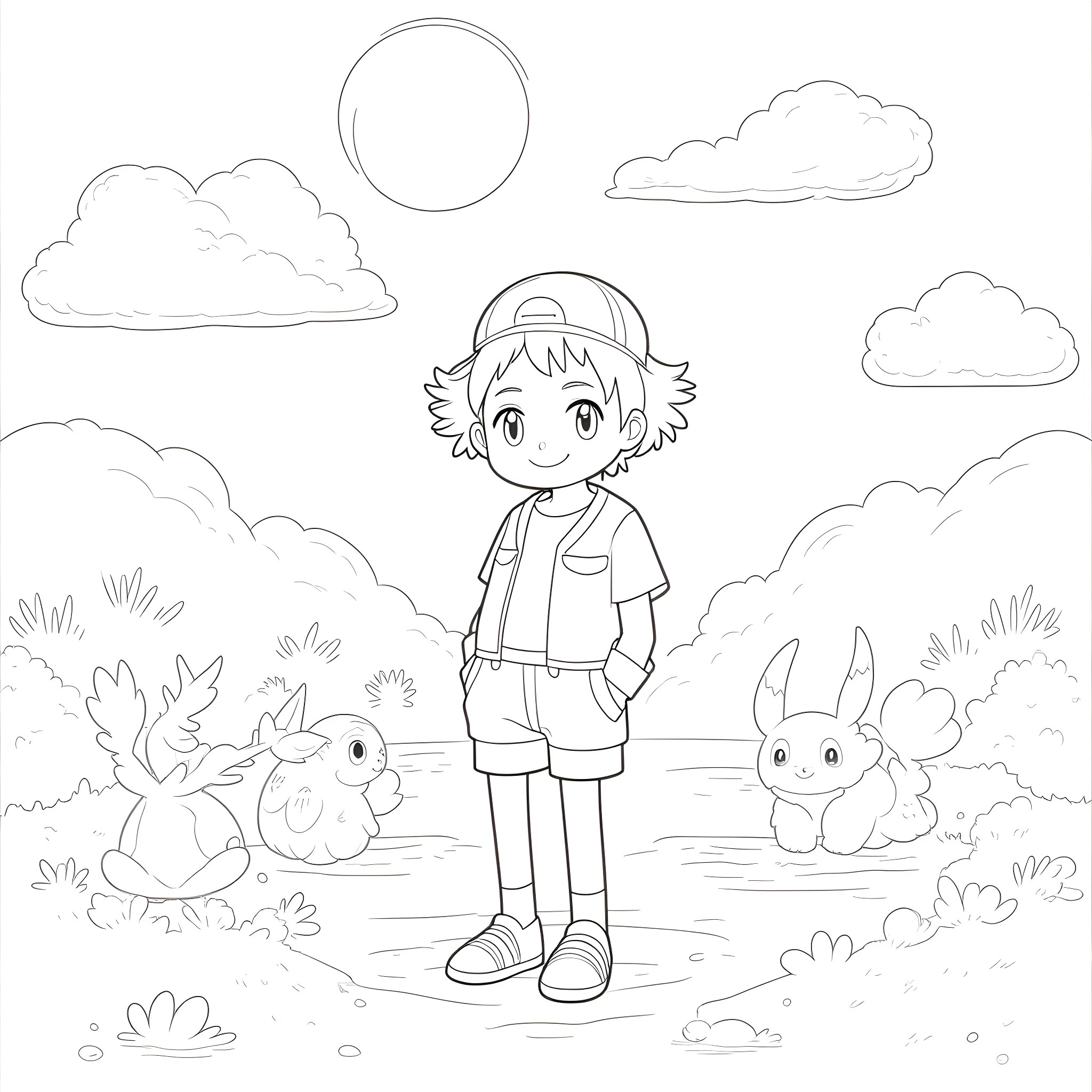 Ash Ketchum's Adventure with Pikachu and Pokémon Coloring Page (free black-and-white line drawing printable PDF for all, from beginners to advanced learners, including children, teens, adults, and seniors)