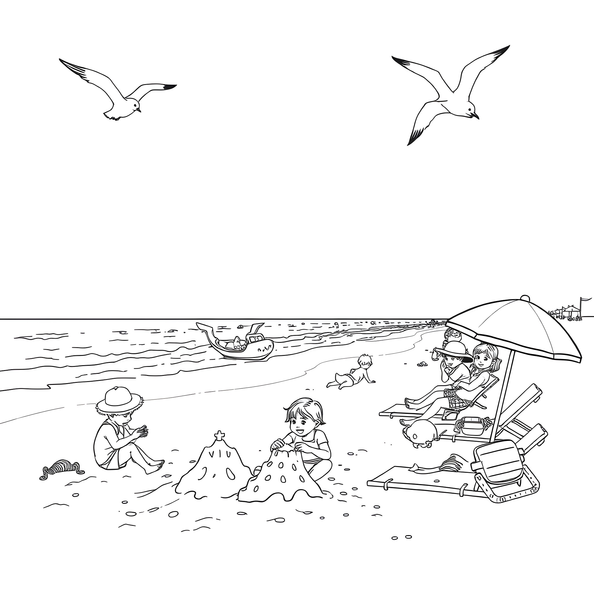 Beach fun with sandcastles and beach chairs Coloring Page (free black-and-white line drawing printable PDF for all, from beginners to advanced learners, including children, teens, adults, and seniors)