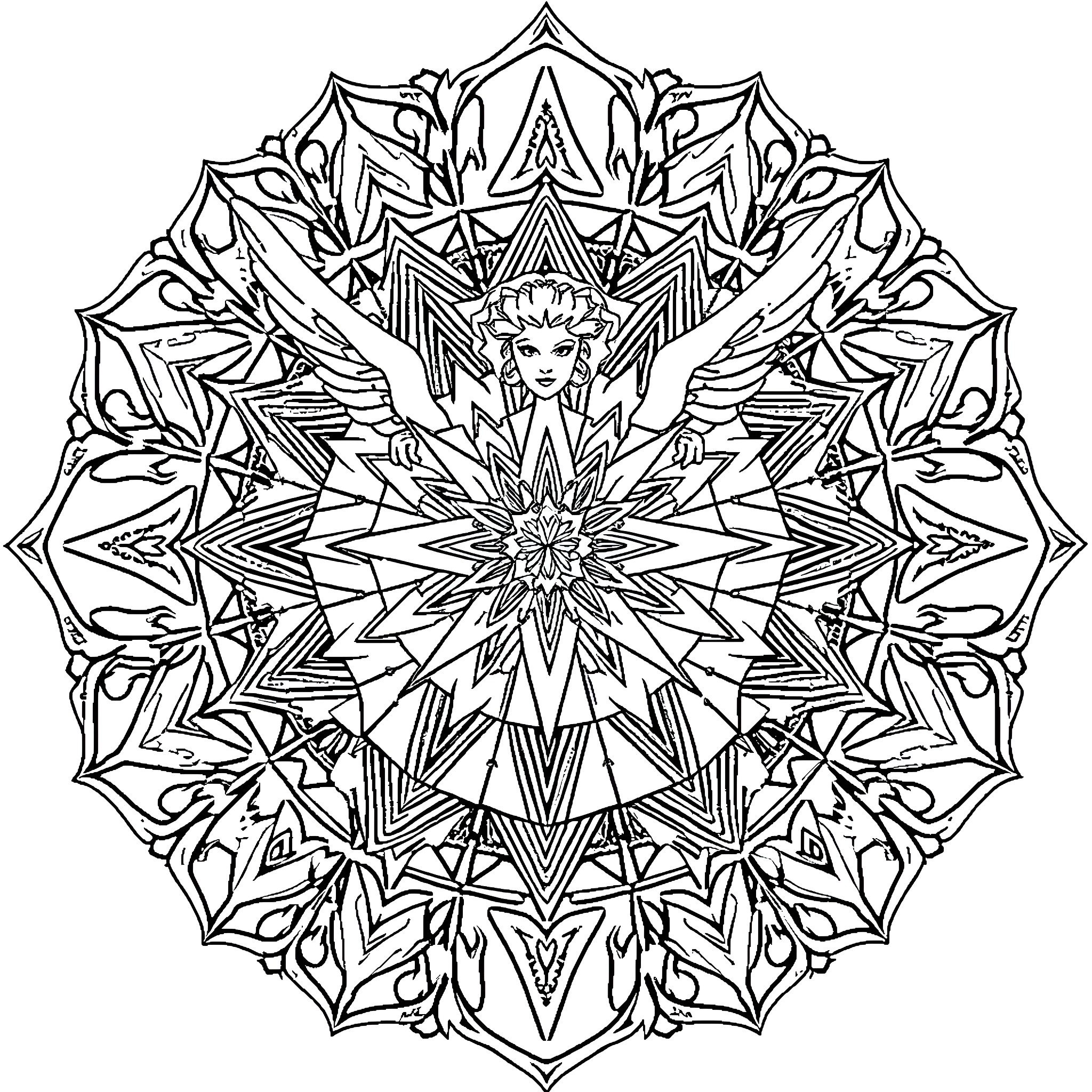 Mandala with intricate geometric patterns and abstract elements Coloring Page (free black-and-white line drawing printable PDF for all, from beginners to advanced learners, including children, teens, adults, and seniors)