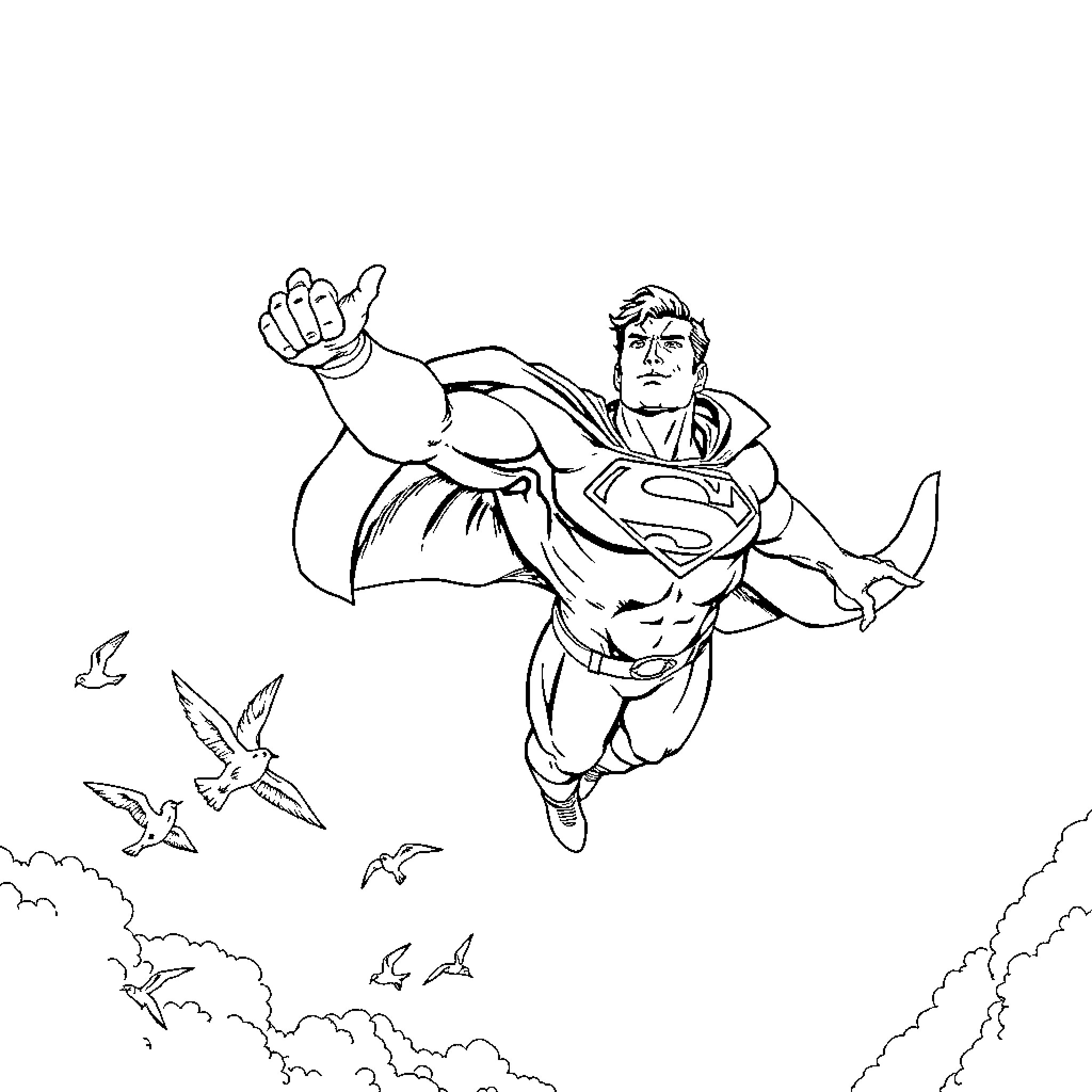 Superman soaring through the sky with determination Coloring Page (free black-and-white line drawing printable PDF for all, from beginners to advanced learners, including children, teens, adults, and seniors)