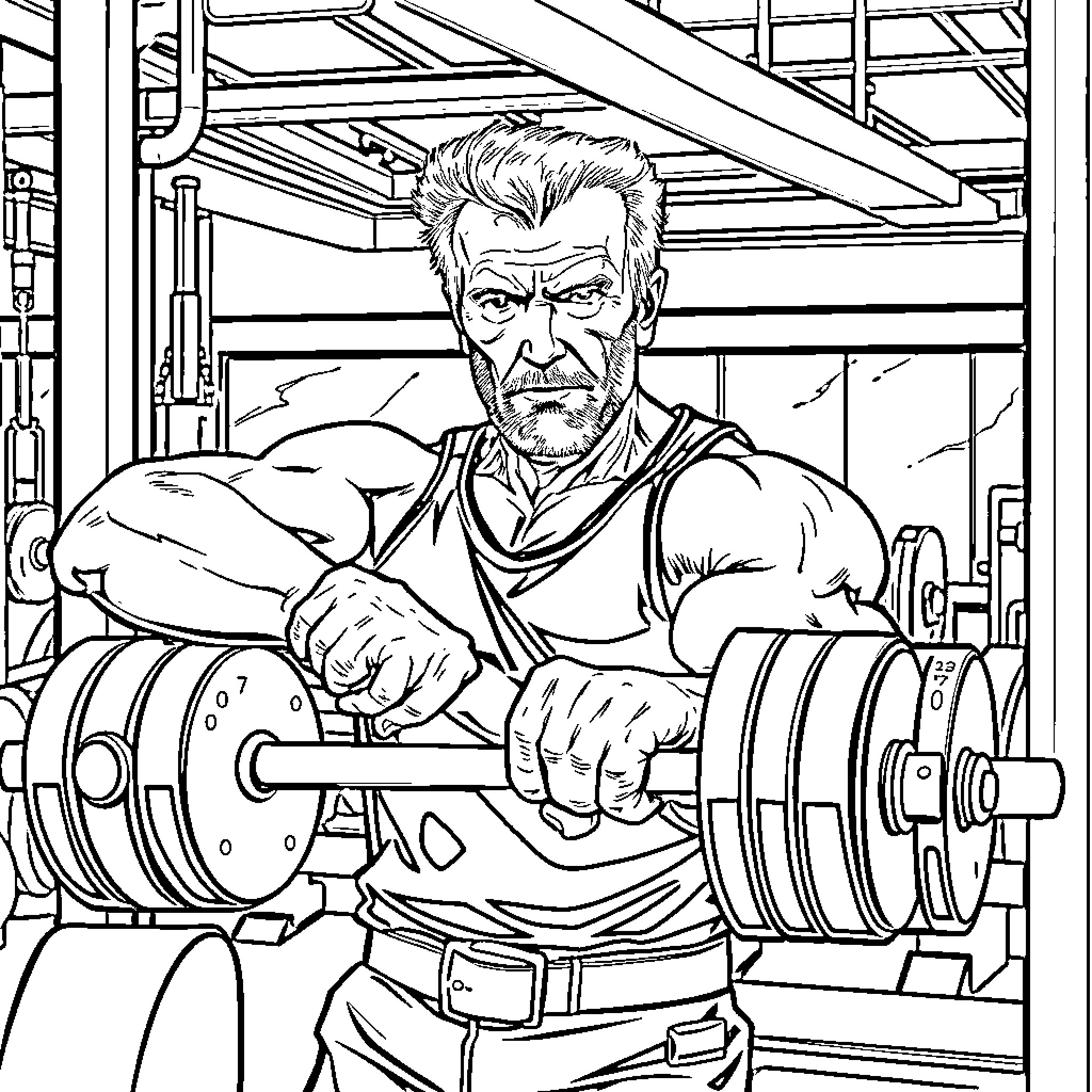 Clint Eastwood Lifting Weights in Gym Coloring Page (free black-and-white line drawing printable PDF for all, from beginners to advanced learners, including children, teens, adults, and seniors)
