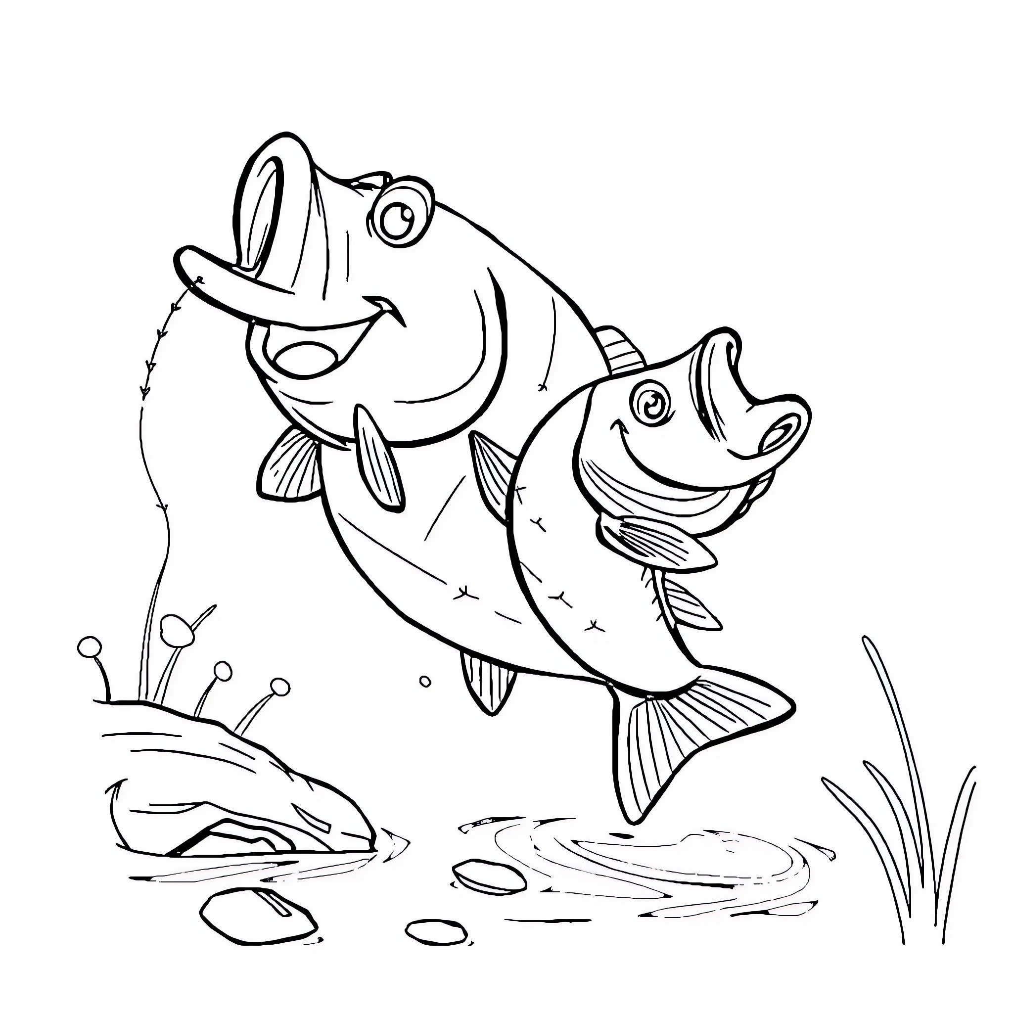 Flubber fish friends playing in the pond Coloring Page (free black-and-white line drawing printable PDF for all, from beginners to advanced learners, including children, teens, adults, and seniors)