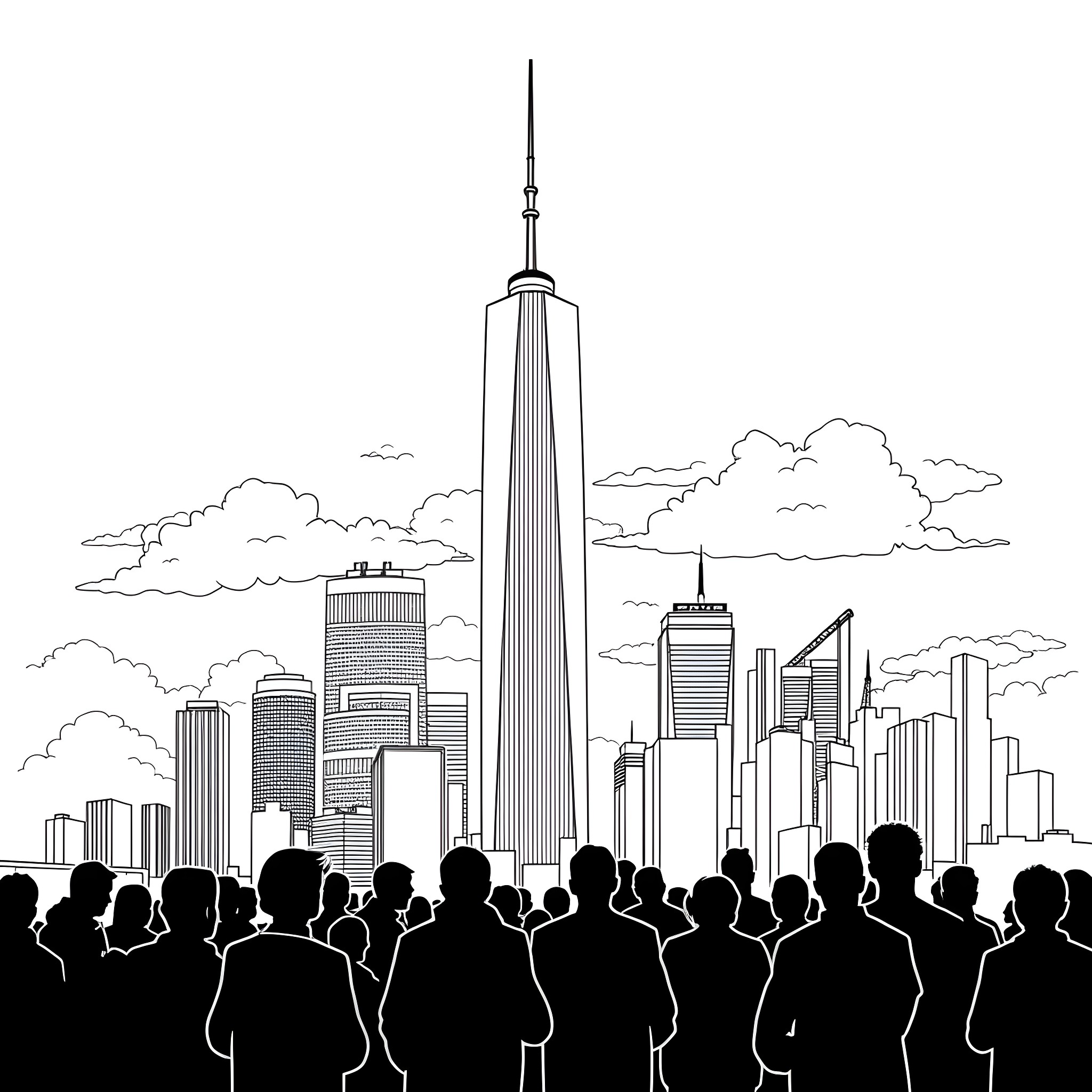 9/11 Tragedy: Silhouettes of People Facing Towering City Skyline Coloring Page (free black-and-white line drawing printable PDF for all, from beginners to advanced learners, including children, teens, adults, and seniors)