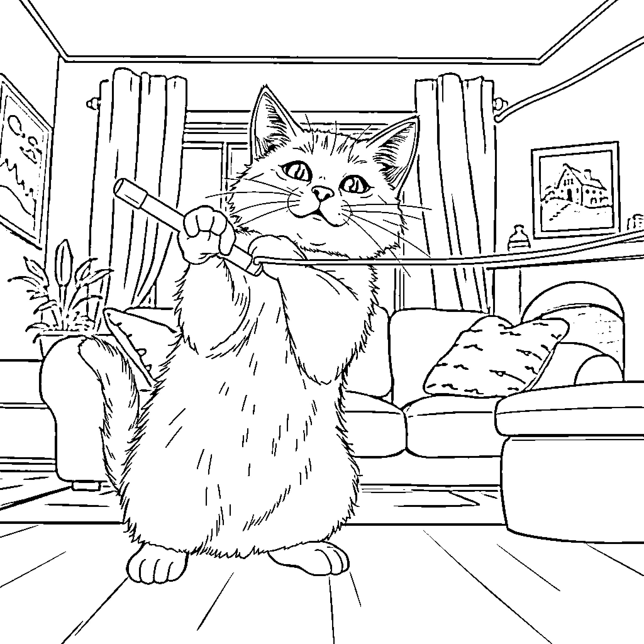 Cat Exploring Cozy Living Room Interior Coloring Page (free black-and-white line drawing printable PDF for all, from beginners to advanced learners, including children, teens, adults, and seniors)