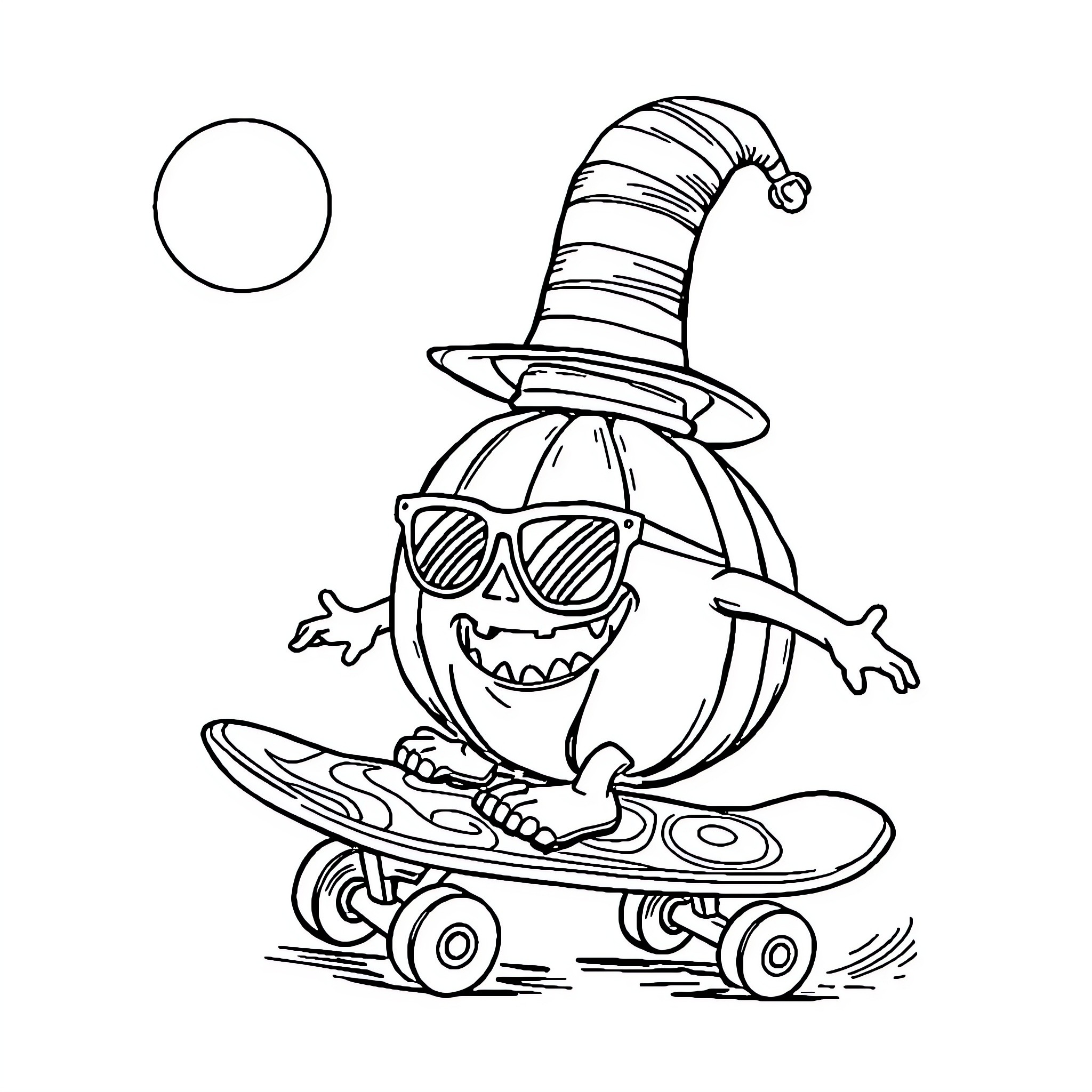 Pumpkin riding a skateboard with style Coloring Page (free black-and-white line drawing printable PDF for all, from beginners to advanced learners, including children, teens, adults, and seniors)