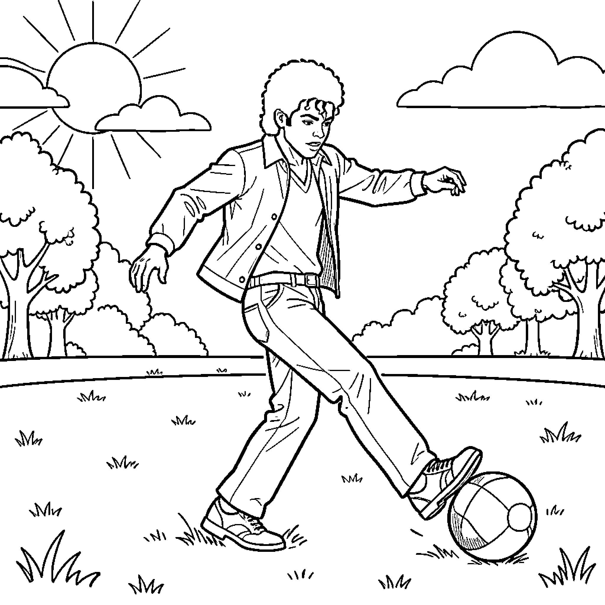 Michael Jackson playing soccer in a grassy field Coloring Page (free black-and-white line drawing printable PDF for all, from beginners to advanced learners, including children, teens, adults, and seniors)