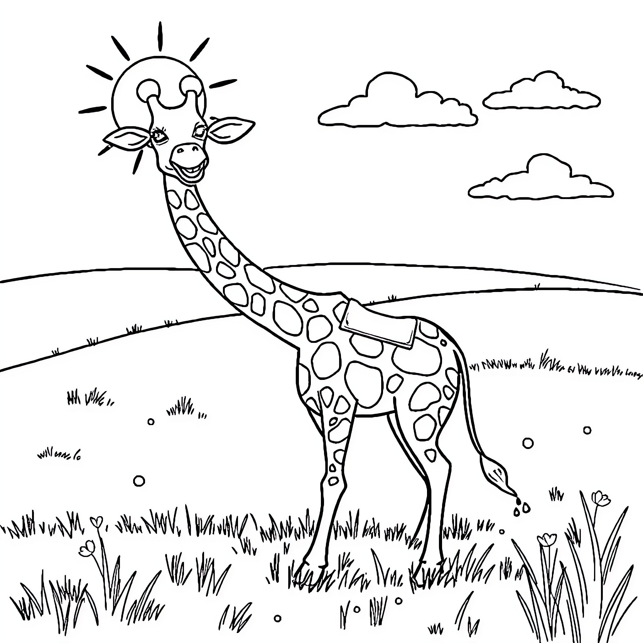 Giraffe admiring the scenic landscape Coloring Page (free black-and-white line drawing printable PDF for all, from beginners to advanced learners, including children, teens, adults, and seniors)