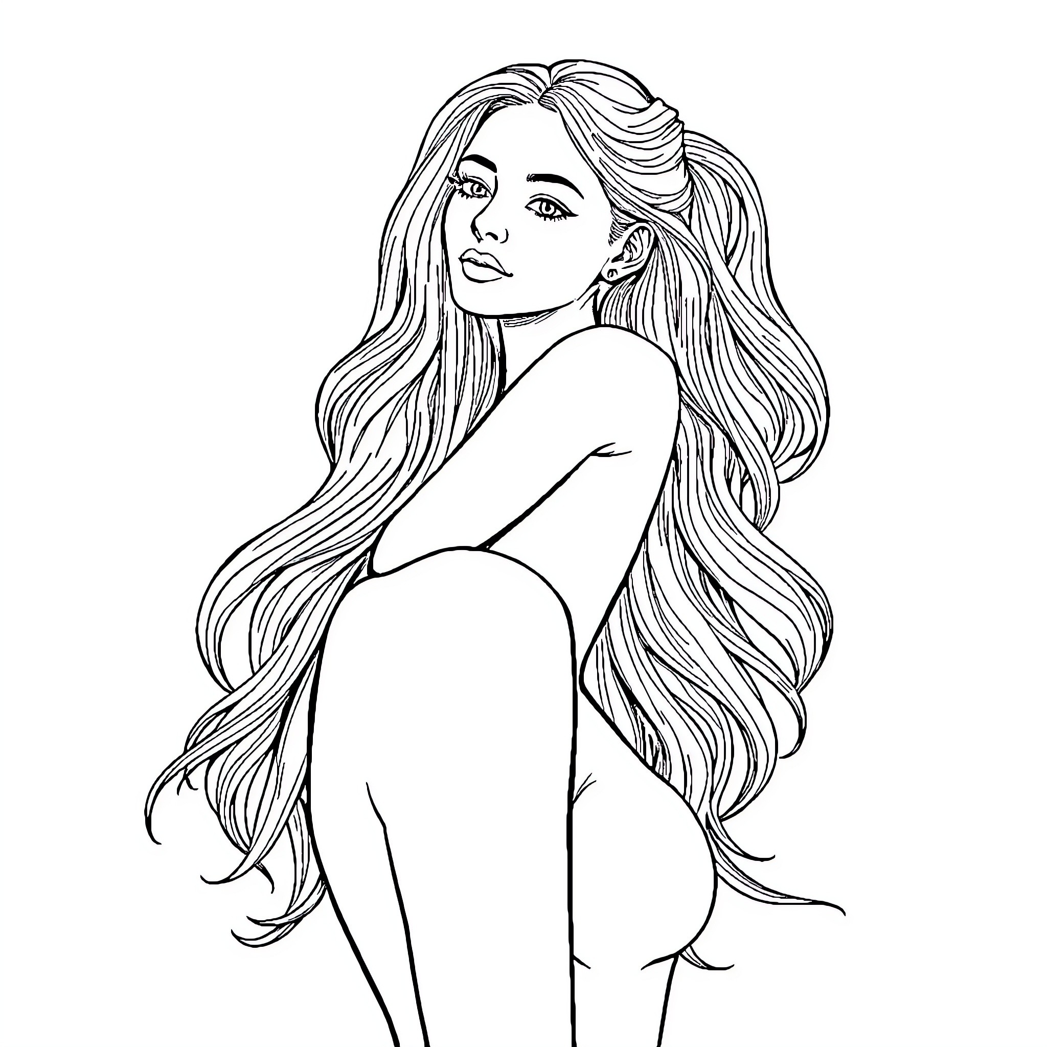 Woman with long flowing hair Coloring Page (free black-and-white line drawing printable PDF for all, from beginners to advanced learners, including children, teens, adults, and seniors)