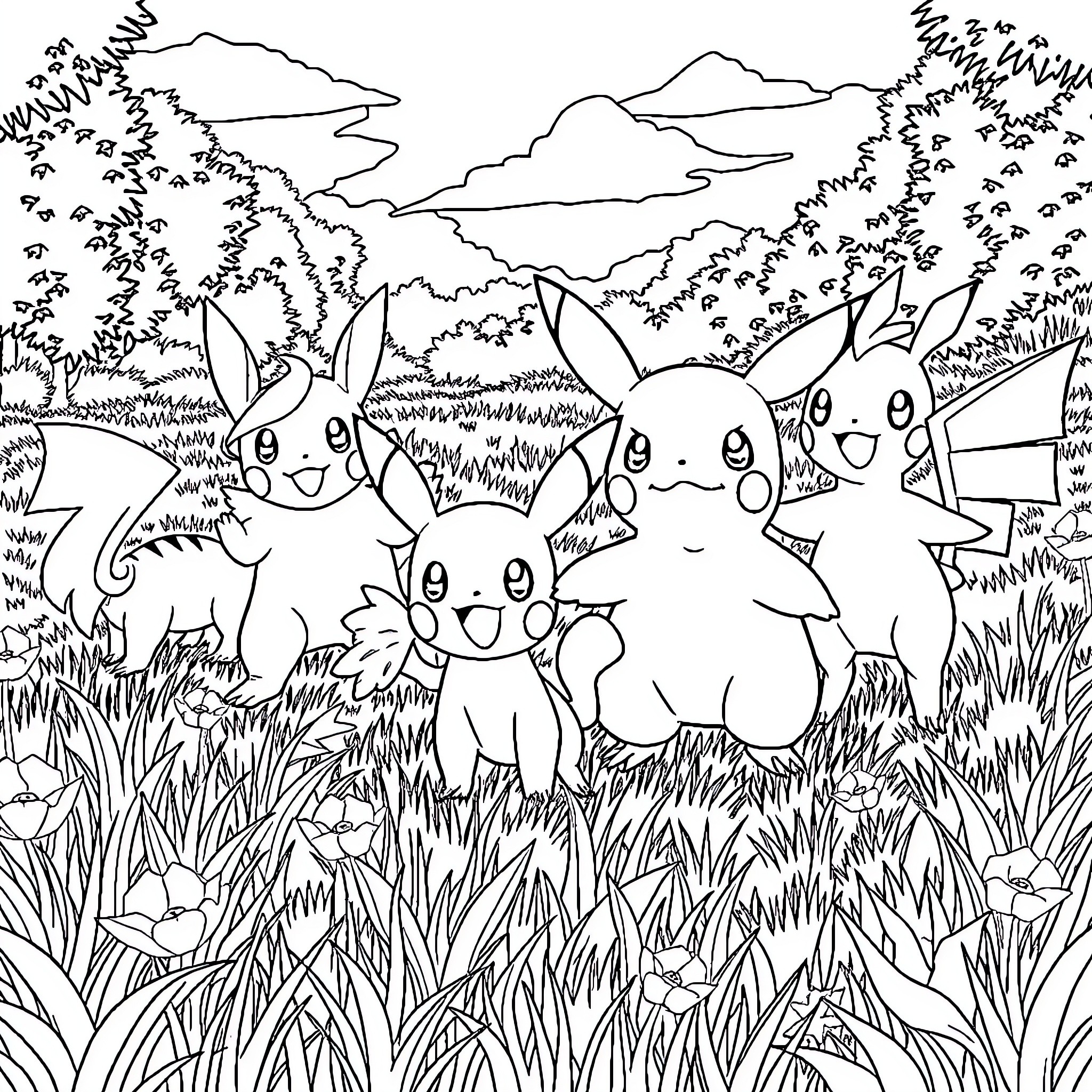 Pokémon playing happily in a lush natural landscape Coloring Page (free black-and-white line drawing printable PDF for all, from beginners to advanced learners, including children, teens, adults, and seniors)