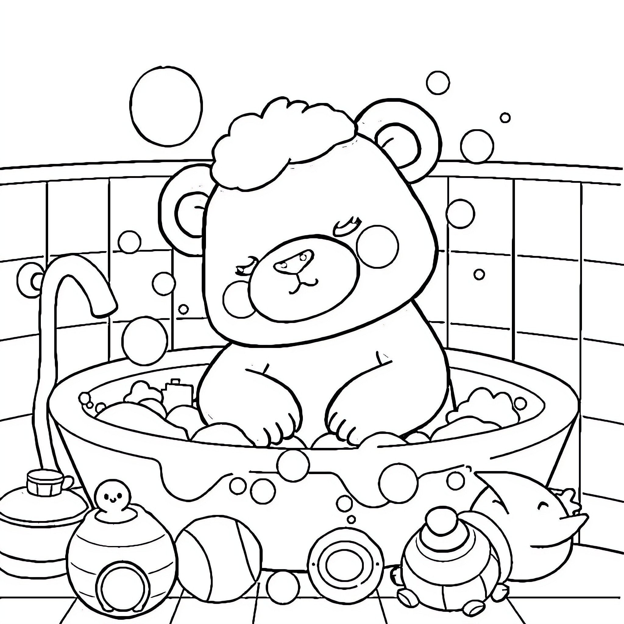 Labubu Enjoying a Relaxing Bath Coloring Page (free black-and-white line drawing printable PDF for all, from beginners to advanced learners, including children, teens, adults, and seniors)