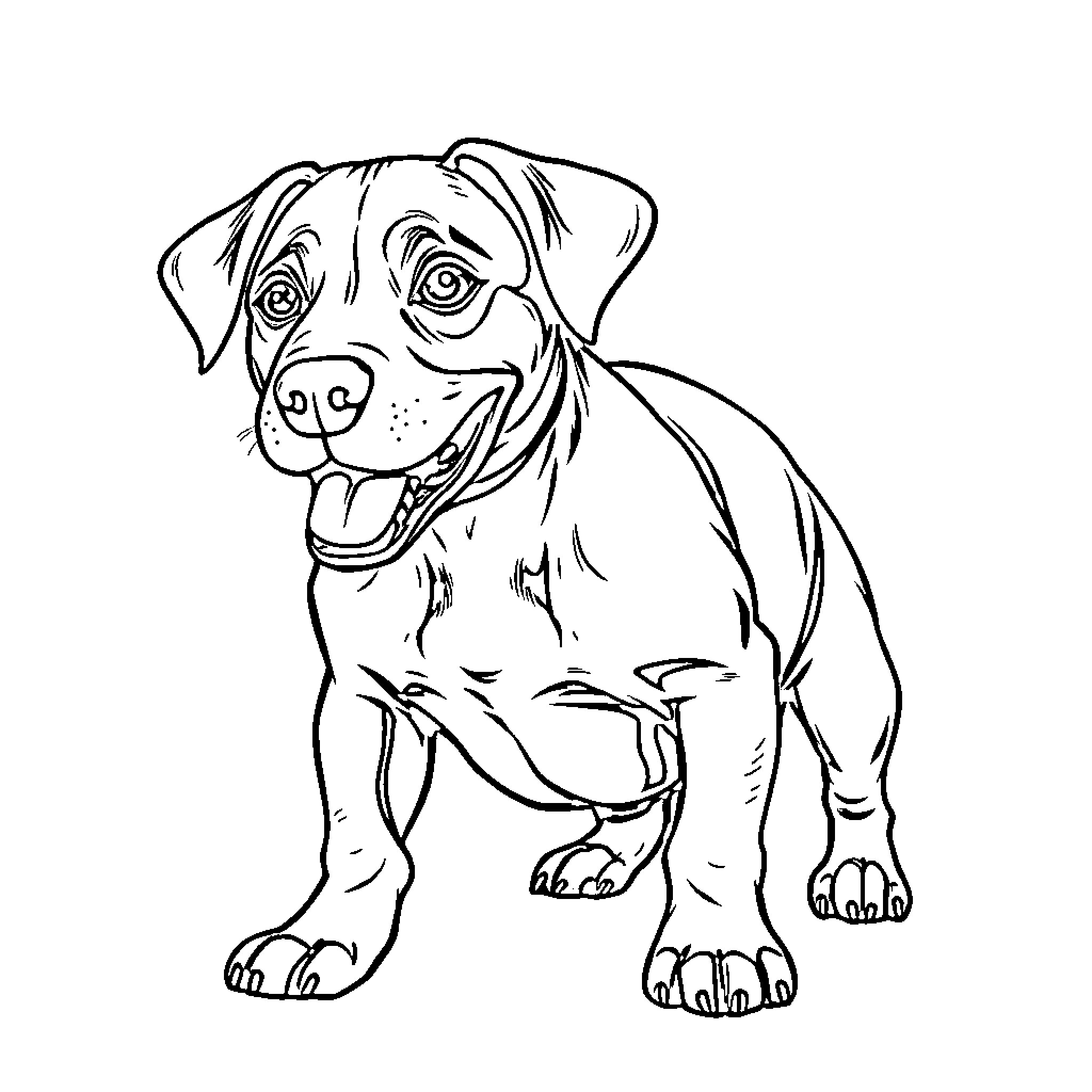 Pit Bull Dachshund Mix playing happily Coloring Page (free black-and-white line drawing printable PDF for all, from beginners to advanced learners, including children, teens, adults, and seniors)
