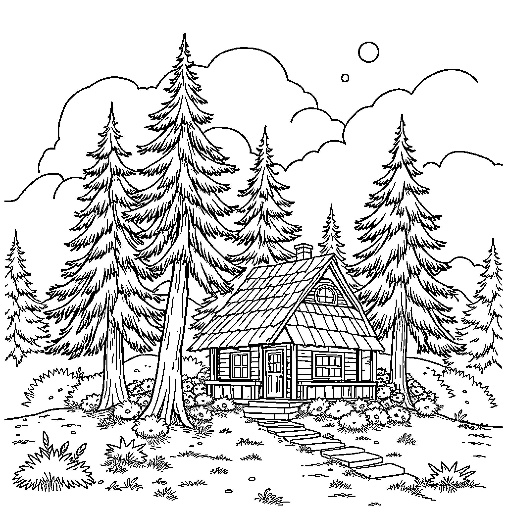House in the snowy forest with pine trees Coloring Page (free black-and-white line drawing printable PDF for all, from beginners to advanced learners, including children, teens, adults, and seniors)
