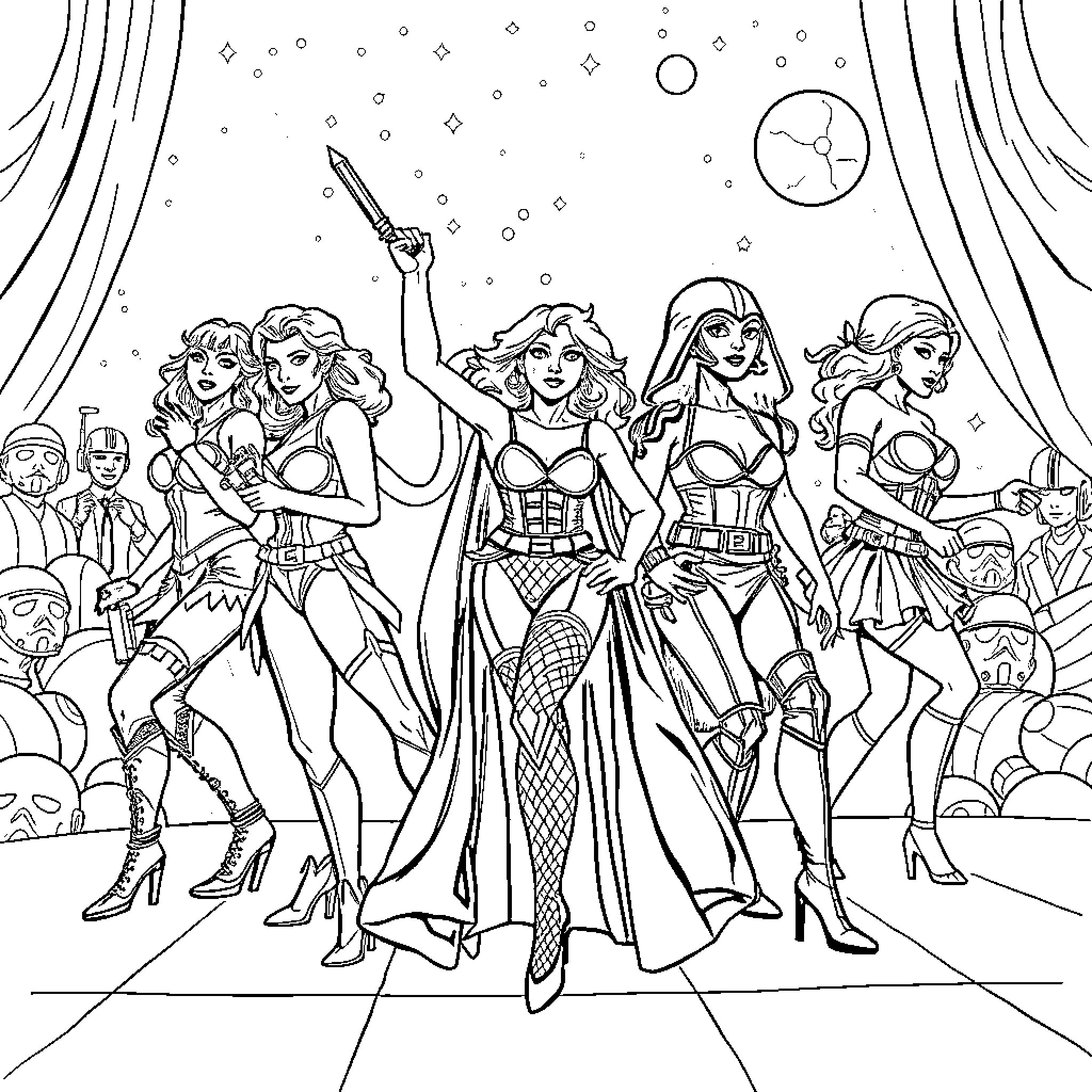 Star Wars - Heroines in Glamorous Outfits Coloring Page (free black-and-white line drawing printable PDF for all, from beginners to advanced learners, including children, teens, adults, and seniors)