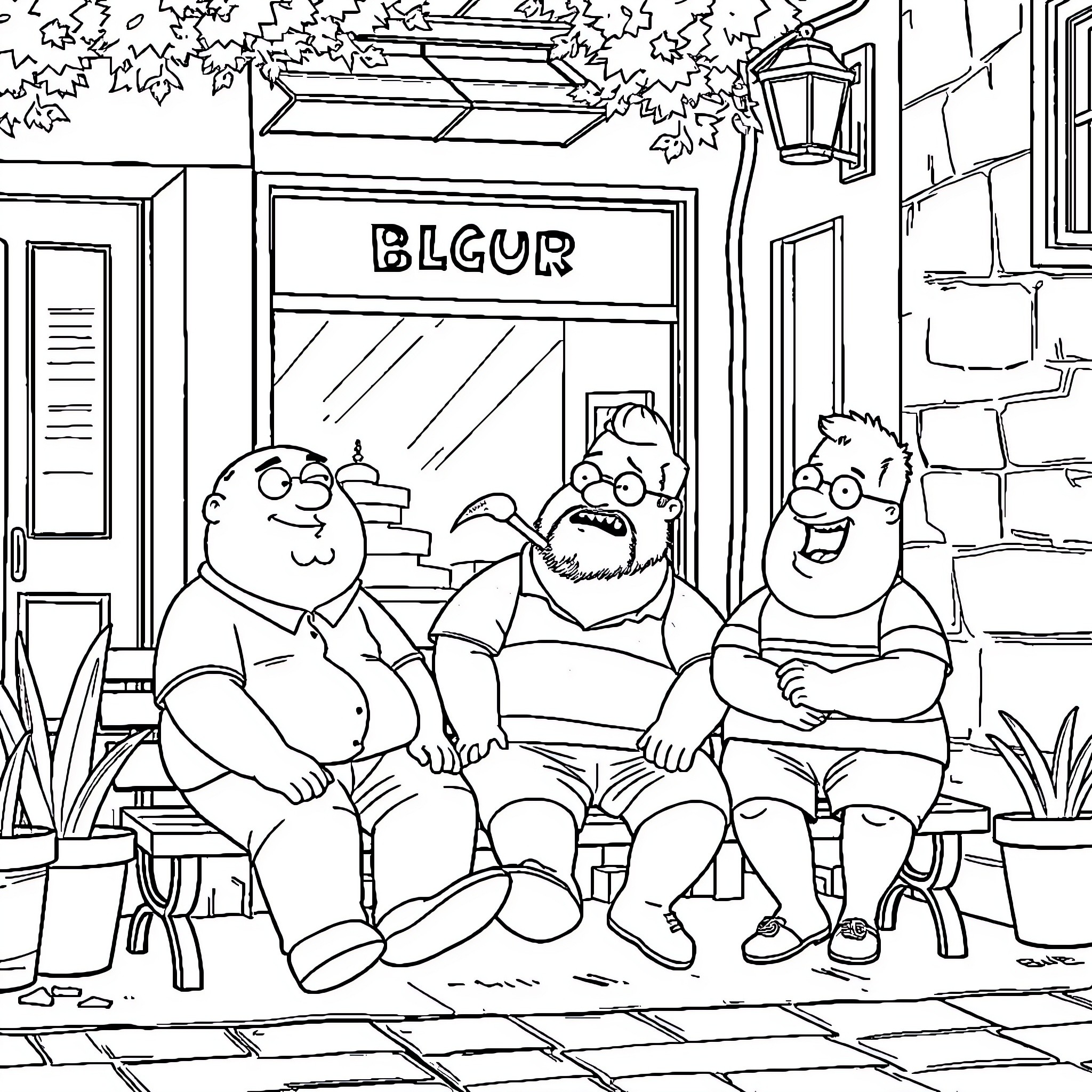 Peter Griffin and friends enjoying a day out Coloring Page (free black-and-white line drawing printable PDF for all, from beginners to advanced learners, including children, teens, adults, and seniors)