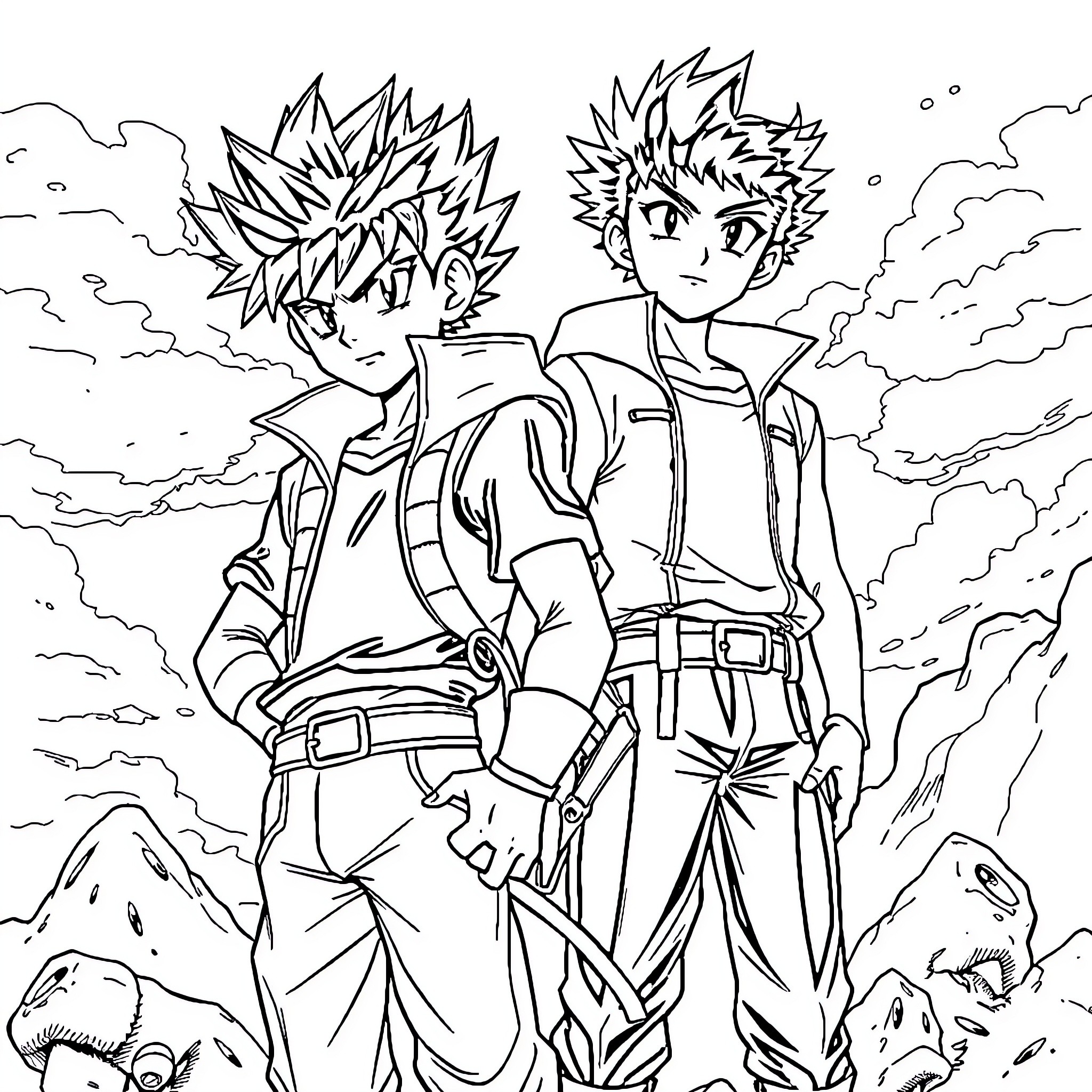 Killua and Gon explore the wilderness Coloring Page (free black-and-white line drawing printable PDF for all, from beginners to advanced learners, including children, teens, adults, and seniors)