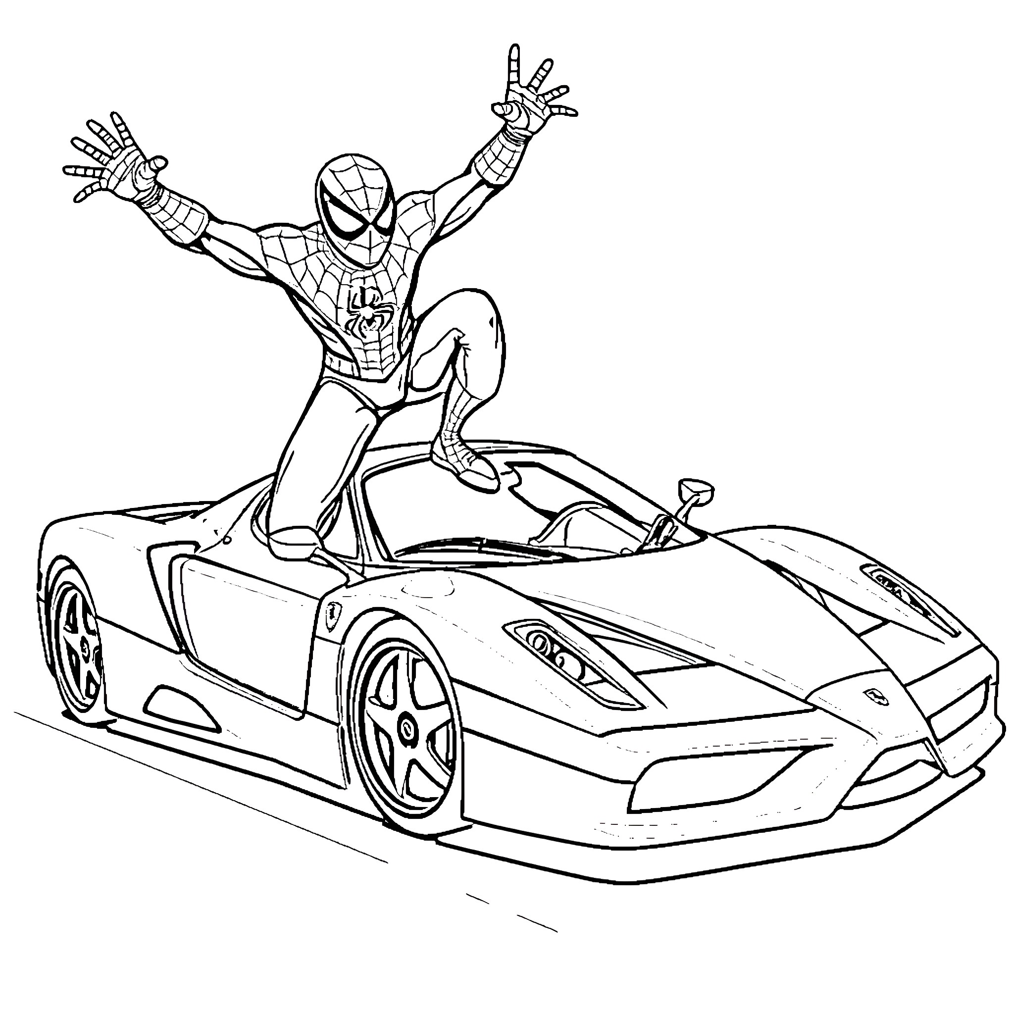 Spiderman's heroic pose on a sports car Coloring Page (free black-and-white line drawing printable PDF for all, from beginners to advanced learners, including children, teens, adults, and seniors)