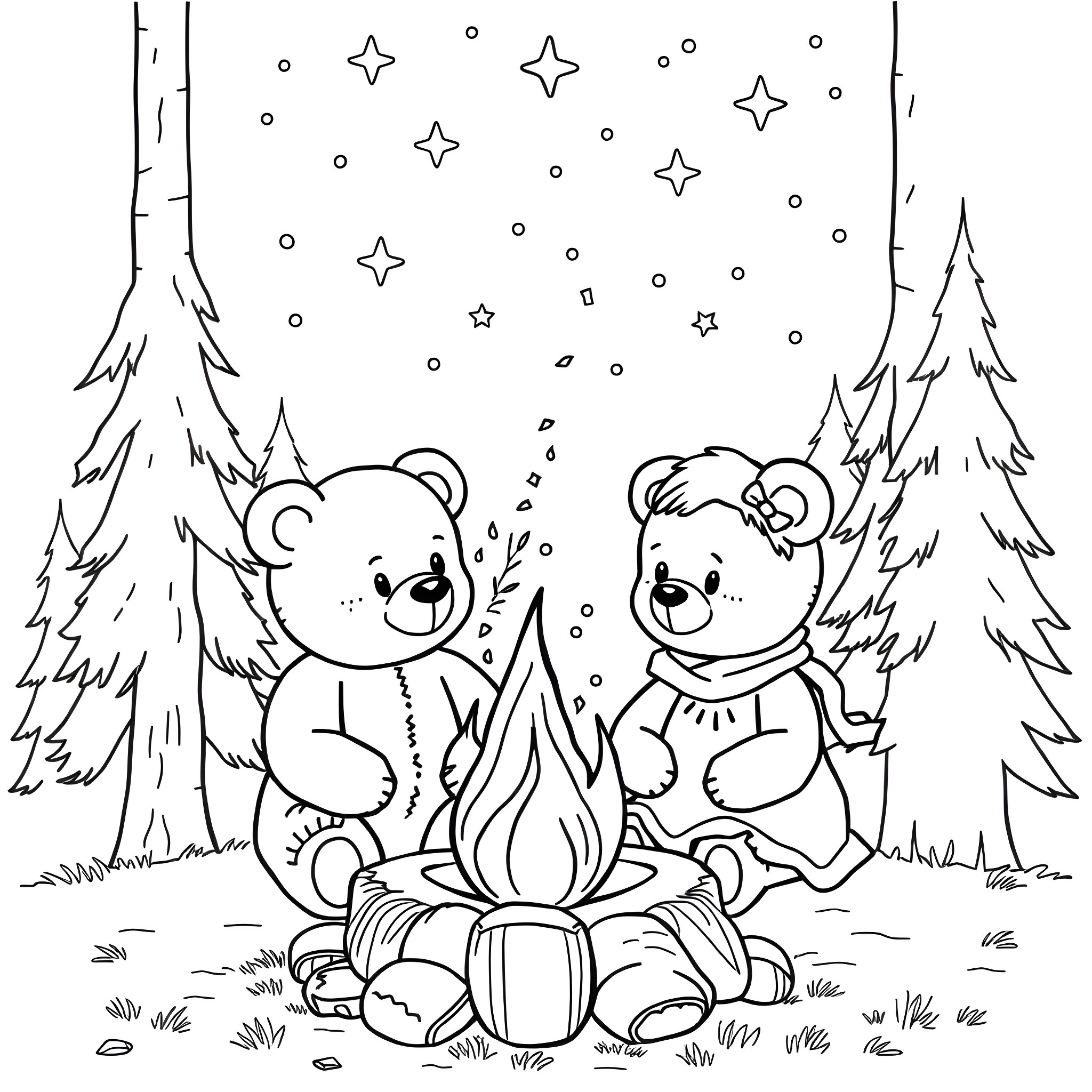 Teddy Bears Enjoying a Cozy Campfire in the Snowy Forest Coloring Page (free black-and-white line drawing printable PDF for all, from beginners to advanced learners, including children, teens, adults, and seniors)