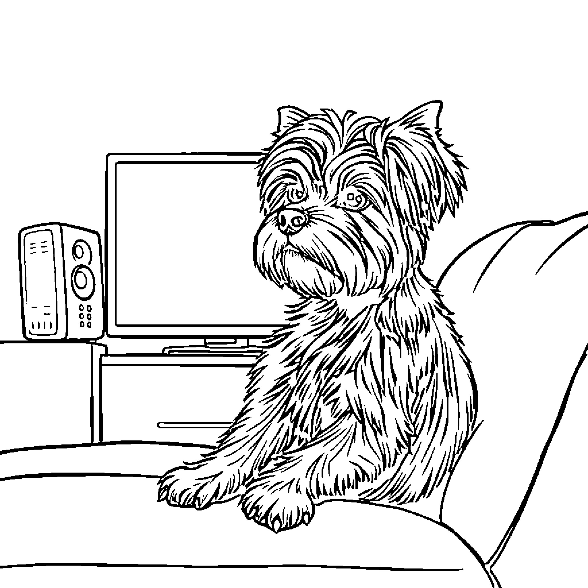Chinese Crested dog relaxing on couch near TV Coloring Page (free black-and-white line drawing printable PDF for all, from beginners to advanced learners, including children, teens, adults, and seniors)